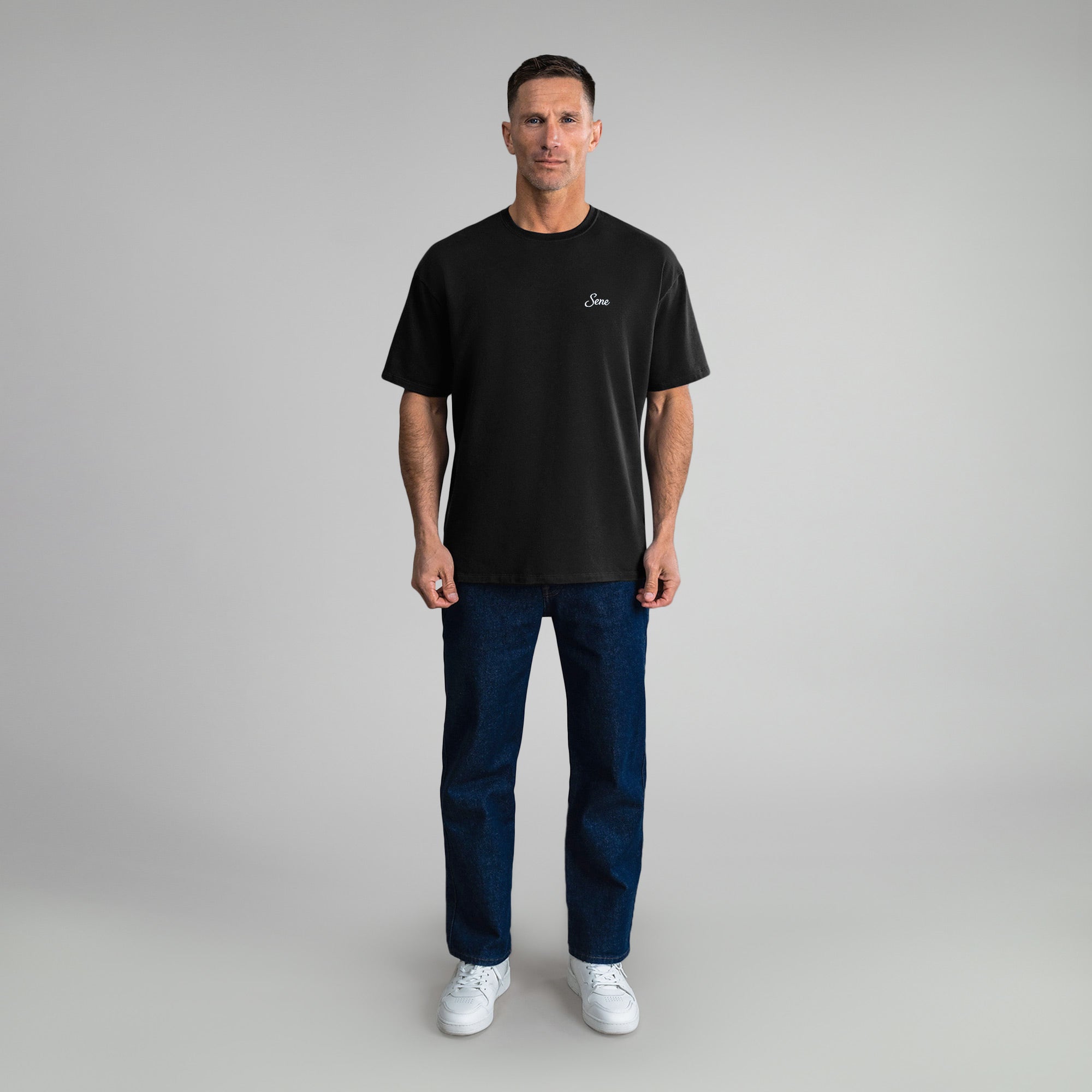 Tags:(6'0" - 180 lbs|Medium) custom t-shirt tee model Tyler in Black