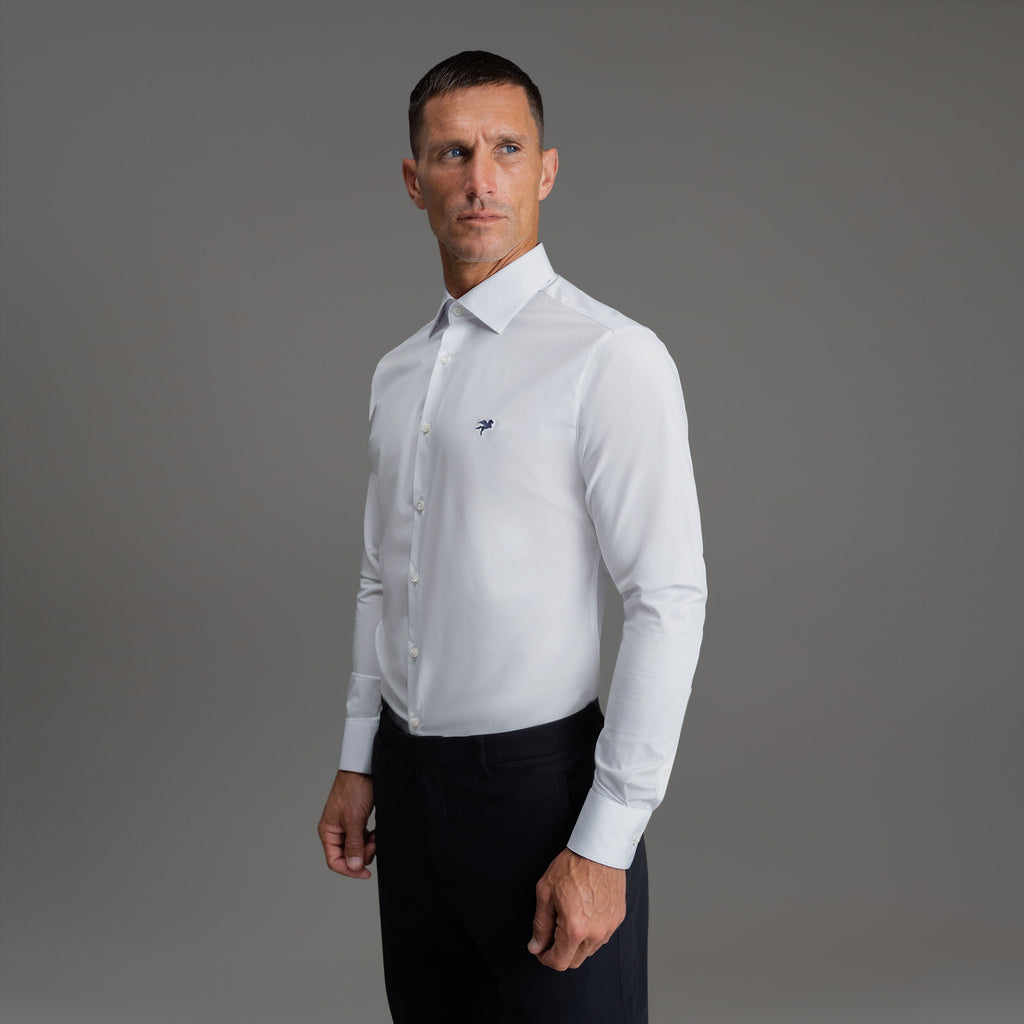 Custom Bespoke Tailored Spread Shirt model Tyler in White Emblem