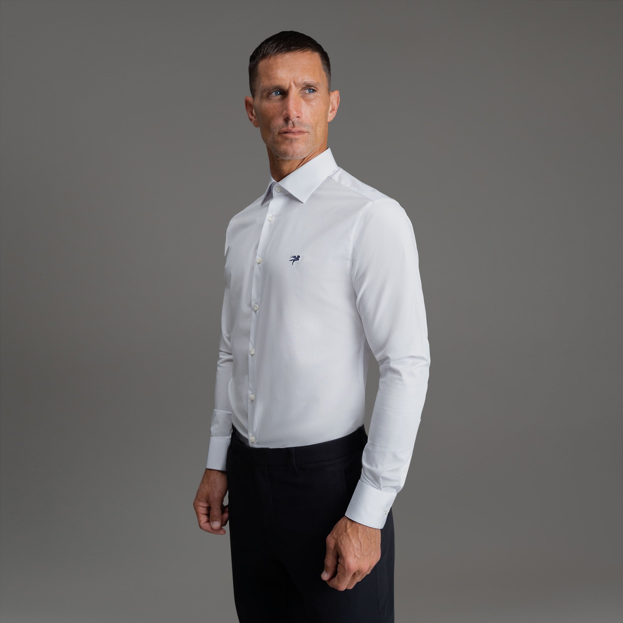 Custom Bespoke Tailored Spread Shirt model Tyler in White Emblem