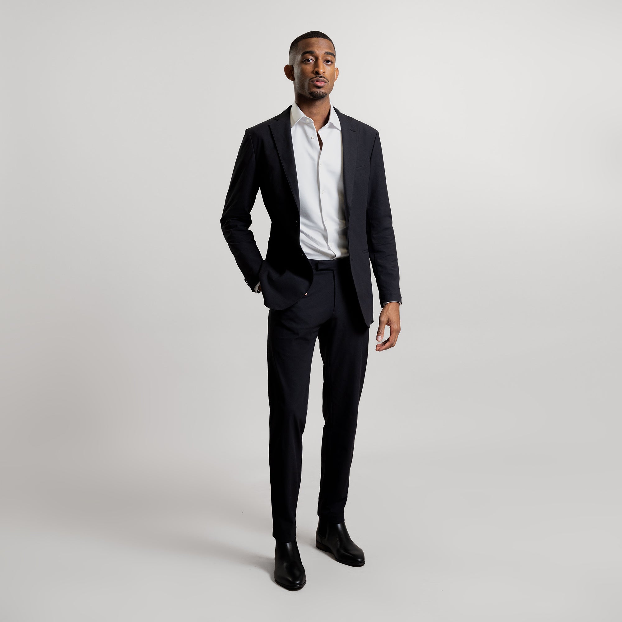 Tags:(6'3"|160 lbs) Bespoke custom athleisure technical men's suit los angeles model Ky in Black