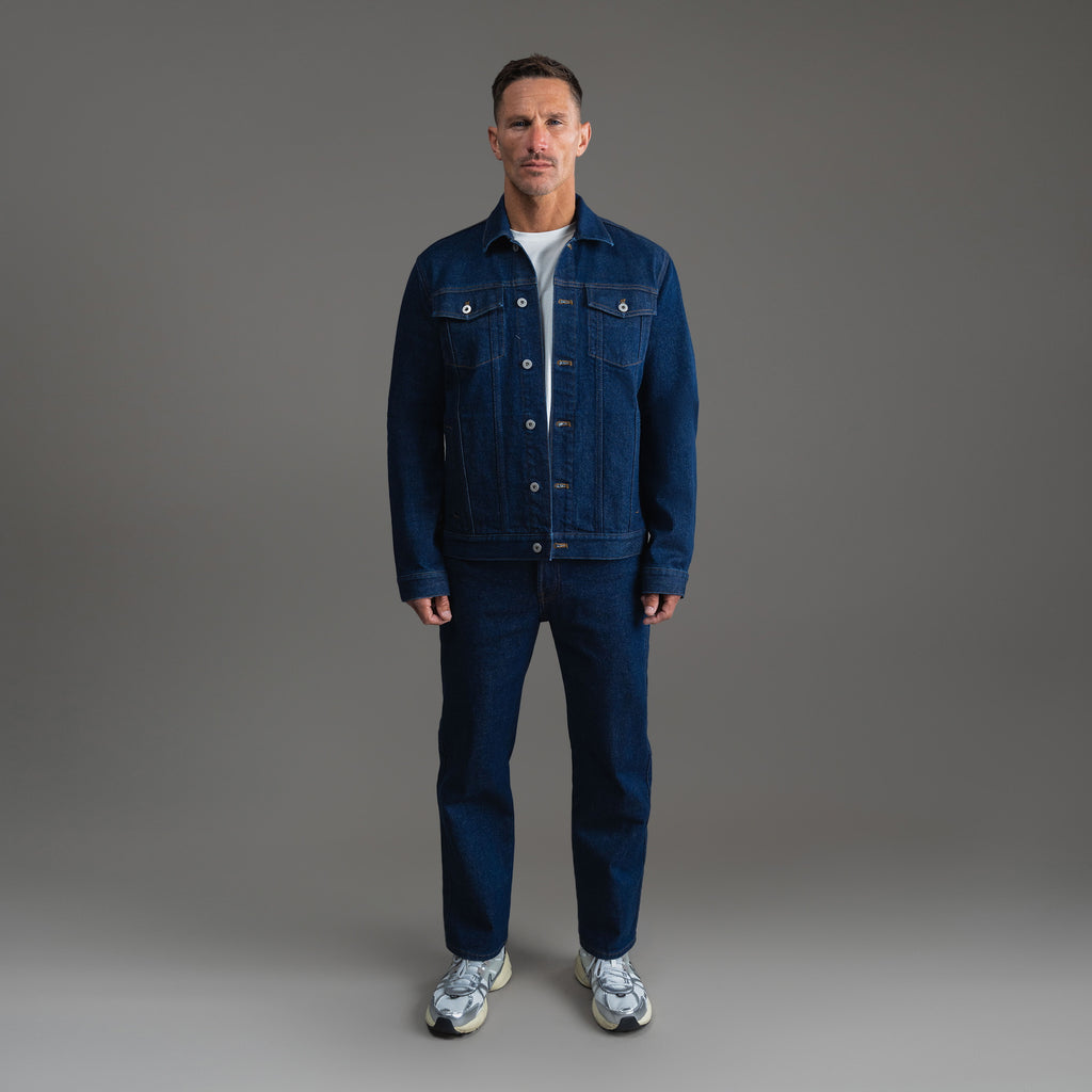Tags:(6'0" - 180 lbs|Relaxed) men's custom denim jacket model Tyler in Deep Indigo