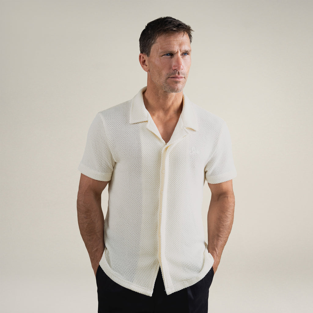 Tags:(6'0" - 180 lbs|Medium) Custom Knit Camp Shirt model Tyler in Cream