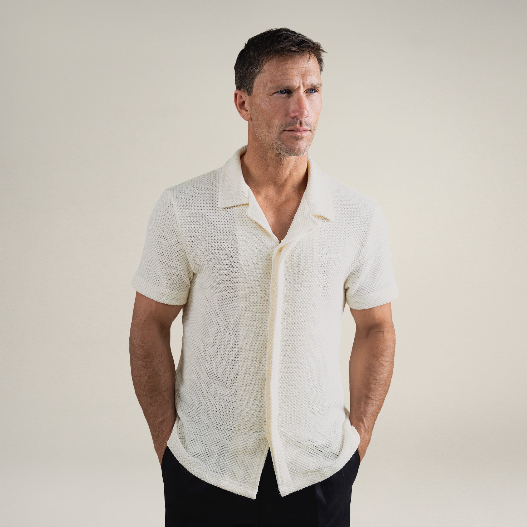 Tags:(6'0" - 180 lbs|Medium) Custom Knit Camp Shirt model Tyler in Cream