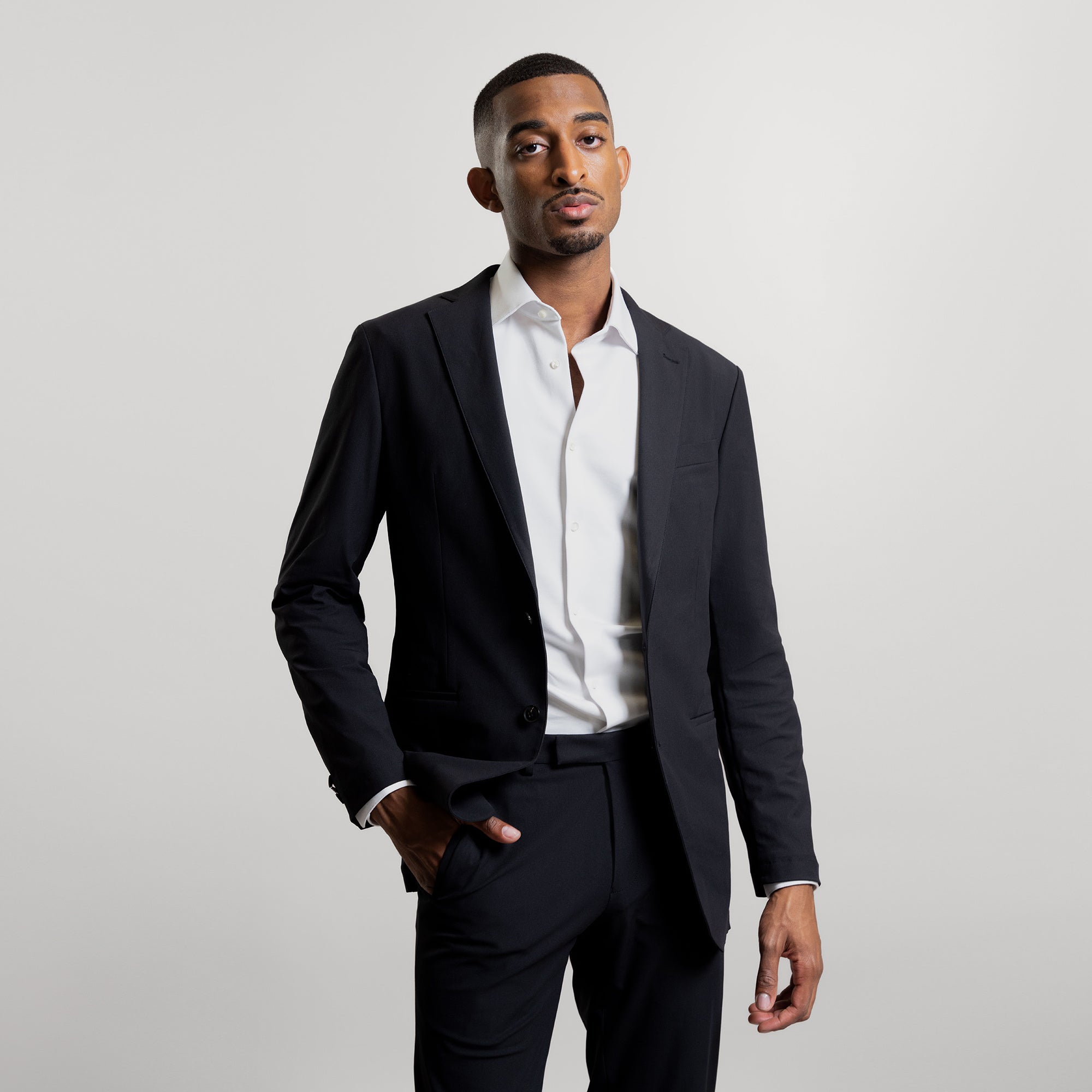 Tags:(6'3"|160 lbs) Bespoke custom athleisure technical men's suit los angeles model Ky in Black