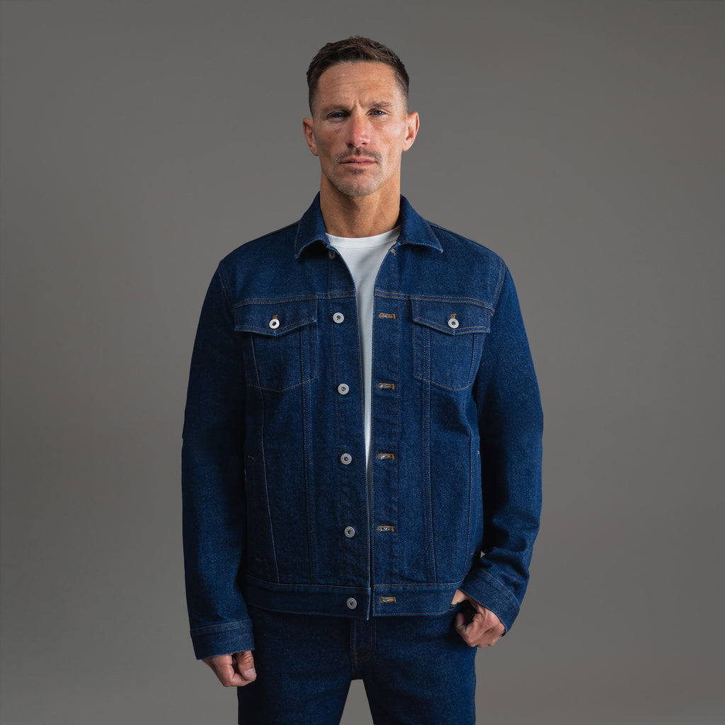 Tags:(6'0" - 180 lbs|Relaxed) men's custom denim jacket model Tyler in Deep Indigo