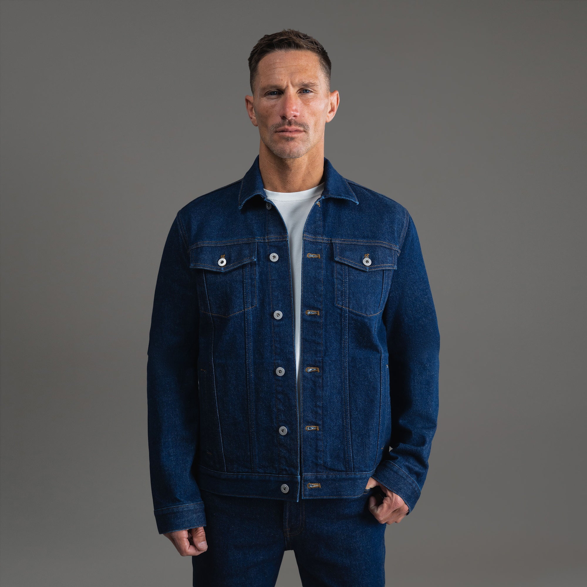 Tags:(6'0" - 180 lbs|Relaxed) men's custom denim jacket model Tyler in Deep Indigo