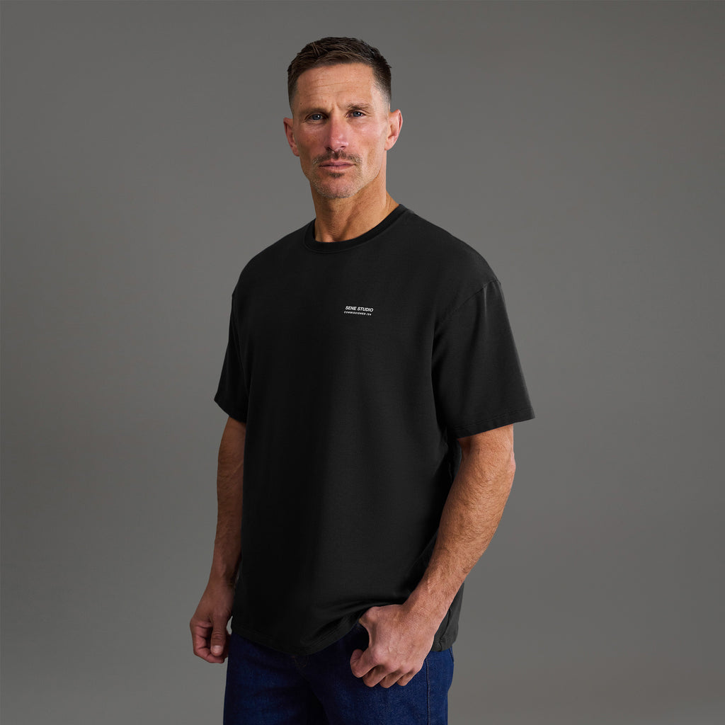 Tags:(6'0" - 180 lbs) custom t-shirt tee model Tyler in Black