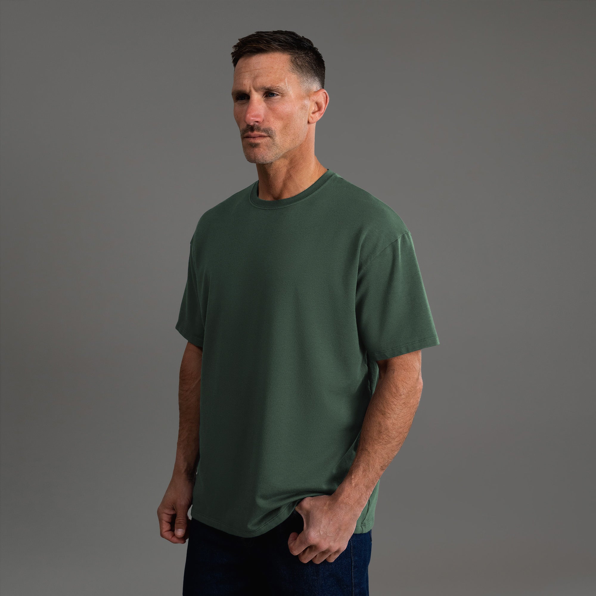 Tags:(6'0" - 180 lbs) custom t-shirt tee model Tyler in Moss