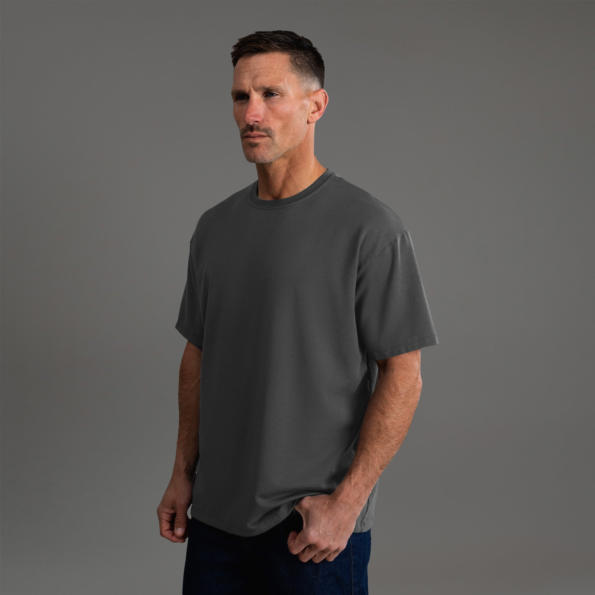 Tags:(6'0" - 180 lbs) custom t-shirt tee model Tyler in Smoke