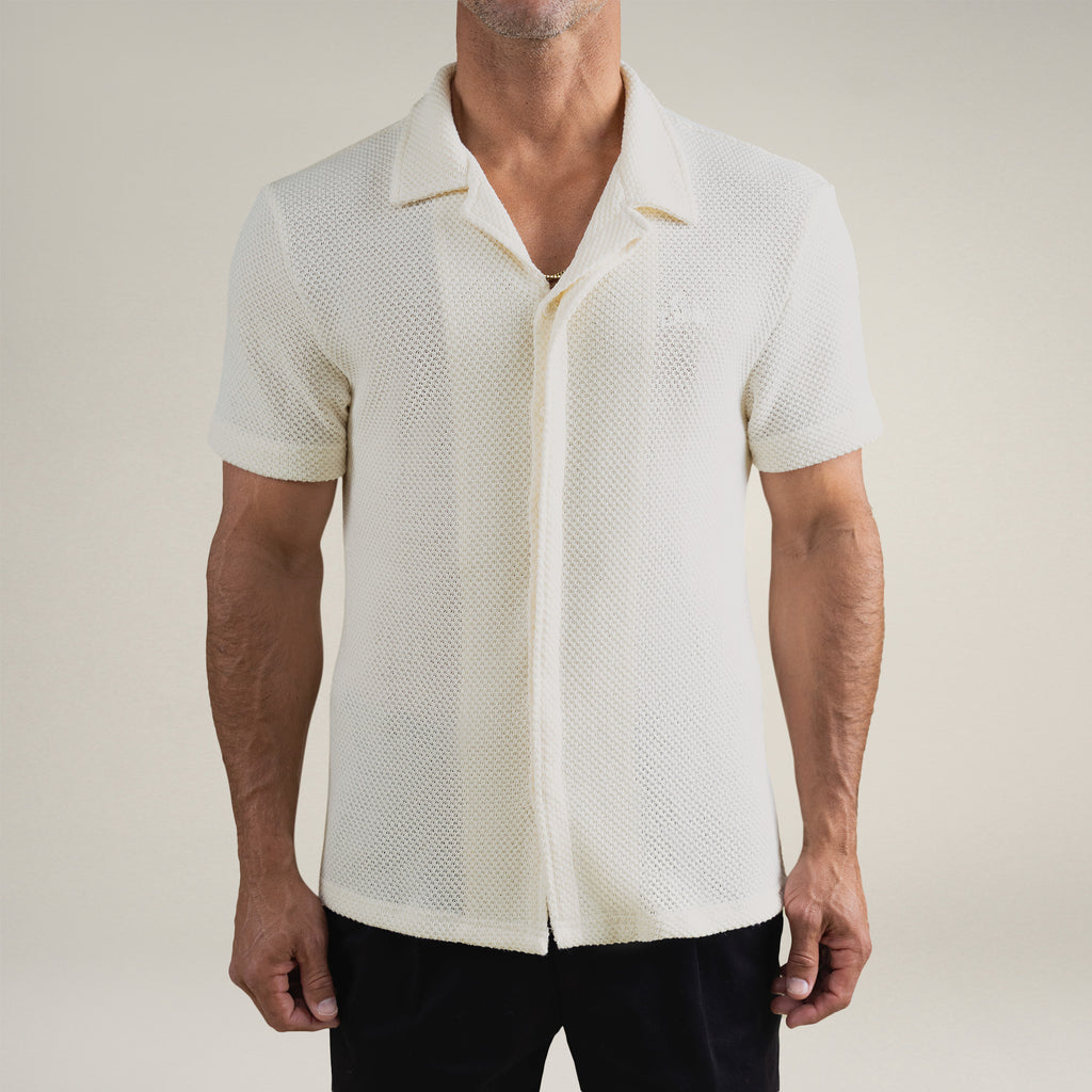 Tags:(6'0" - 180 lbs|Medium) Custom Knit Camp Shirt model Tyler in Cream