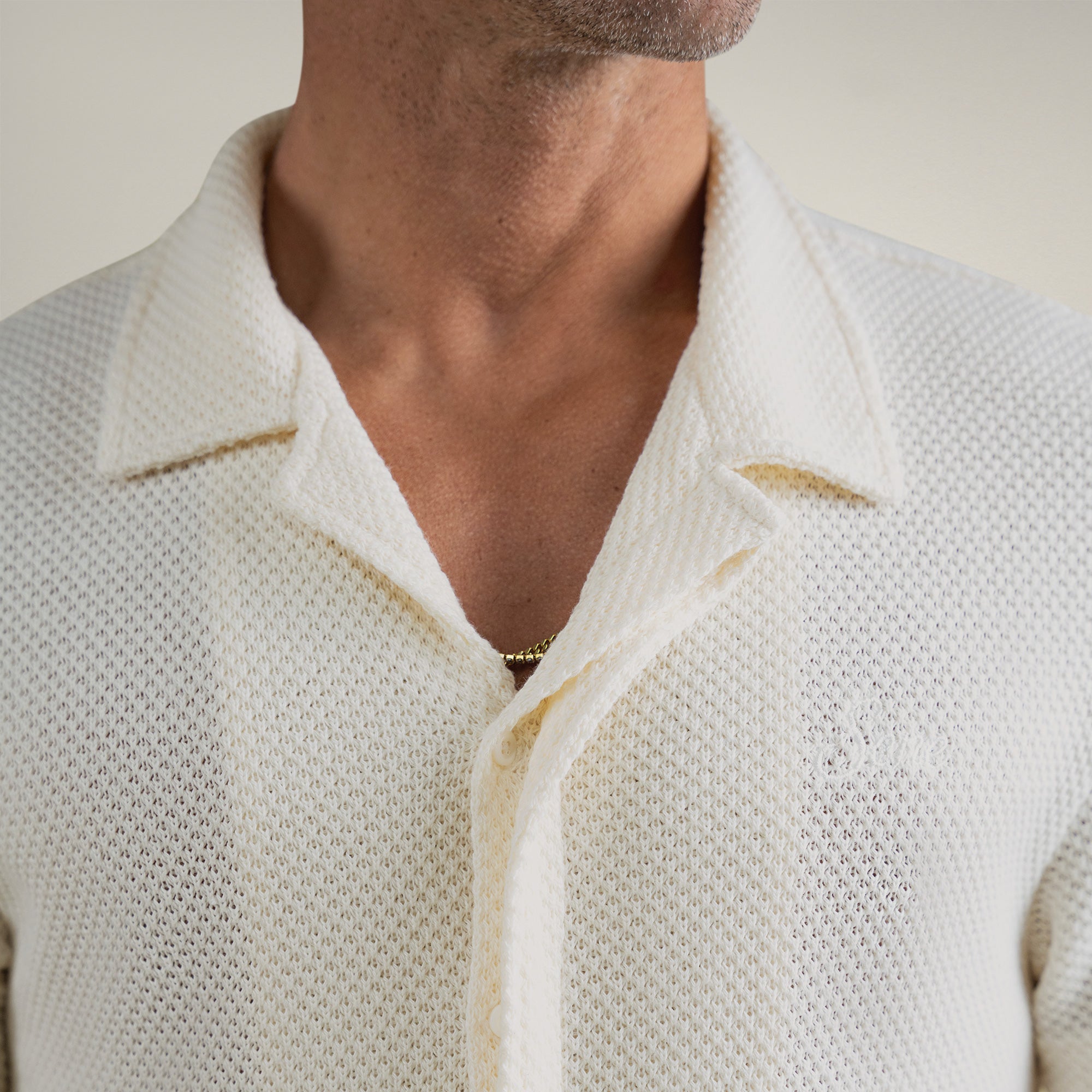 Tags:(6'0" - 180 lbs|Medium) Custom Knit Camp Shirt model Tyler in Cream