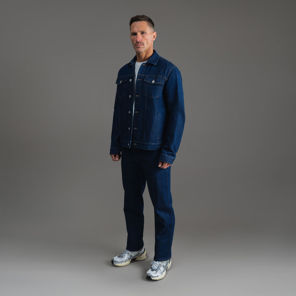 Tags:(6'0" - 180 lbs|Relaxed) men's custom denim jacket model Tyler in Deep Indigo