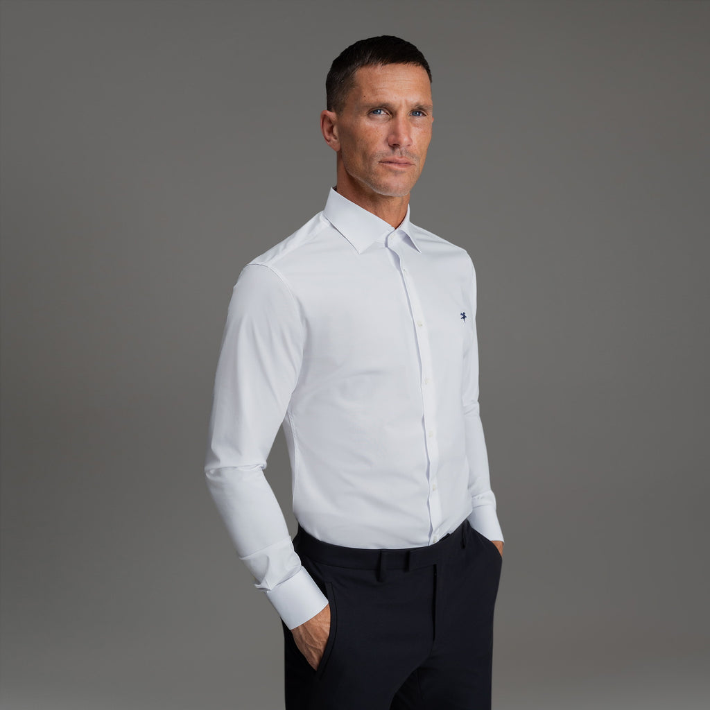 Custom Bespoke Tailored Spread Shirt model Tyler in White Emblem