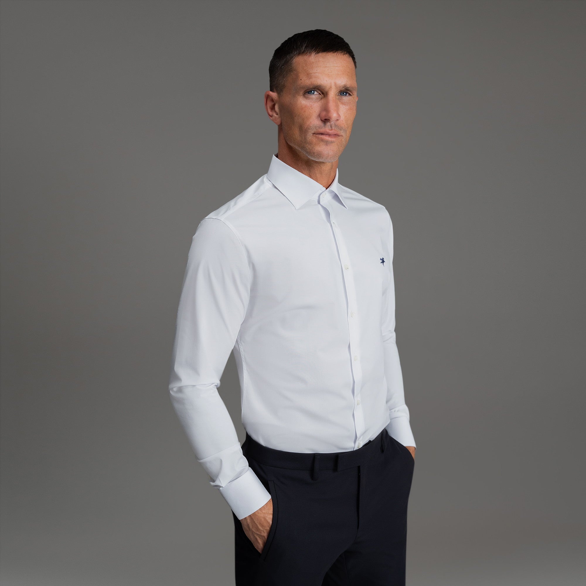 Custom Bespoke Tailored Spread Shirt model Tyler in White Emblem