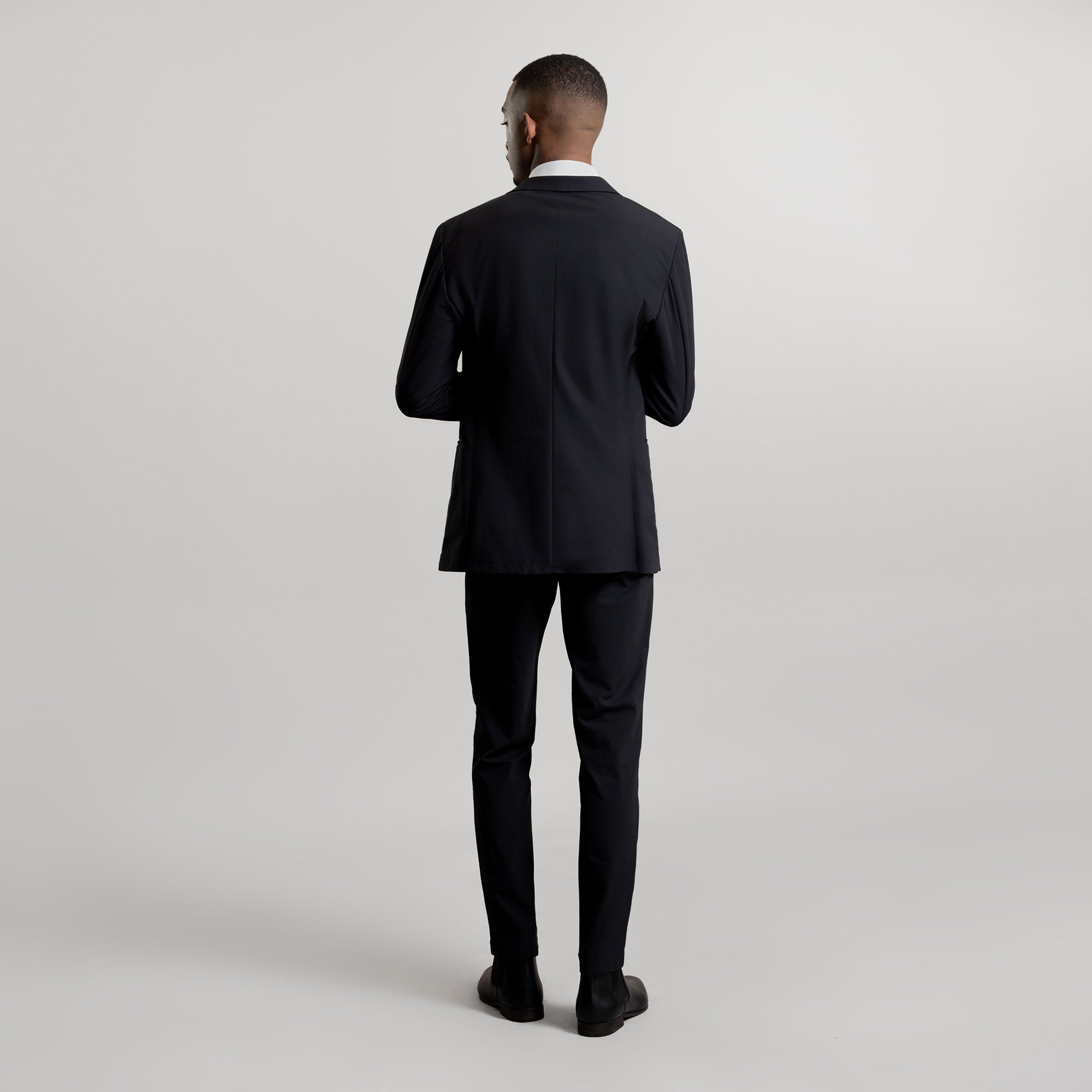 Tags:(6'3"|160 lbs) Bespoke custom athleisure technical men's suit los angeles model Ky in Black