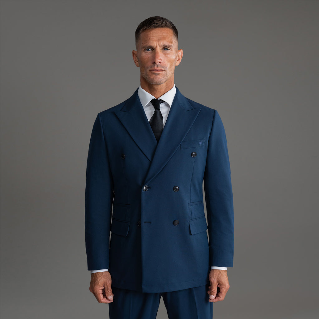 Tags:(6'0"|180 lbs) Bespoke custom linen men's suit los angeles model Tyler in Nautical Blue