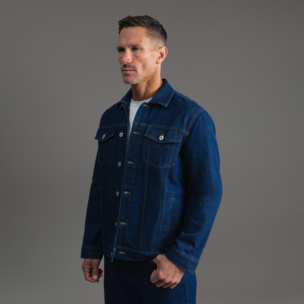 Tags:(6'0" - 180 lbs|Relaxed) men's custom denim jacket model Tyler in Deep Indigo