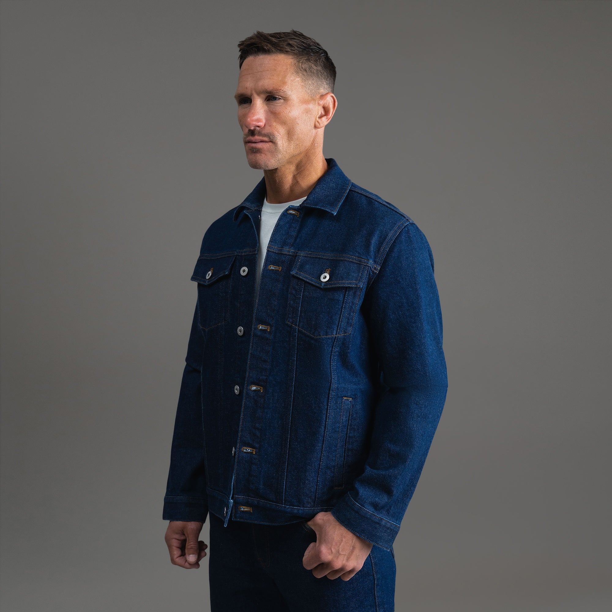 Tags:(6'0" - 180 lbs|Relaxed) men's custom denim jacket model Tyler in Deep Indigo