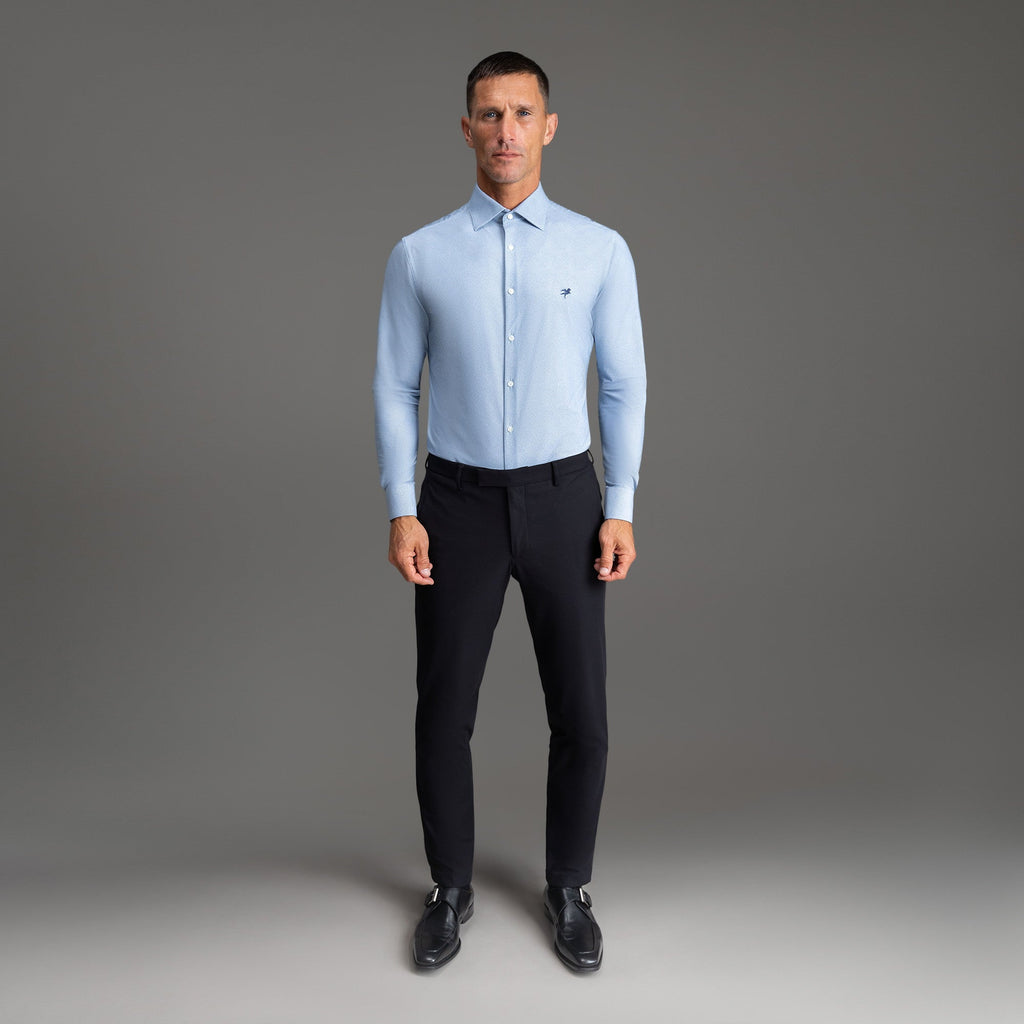 Custom Bespoke Tailored Spread Shirt model Tyler in Light Blue Emblem
