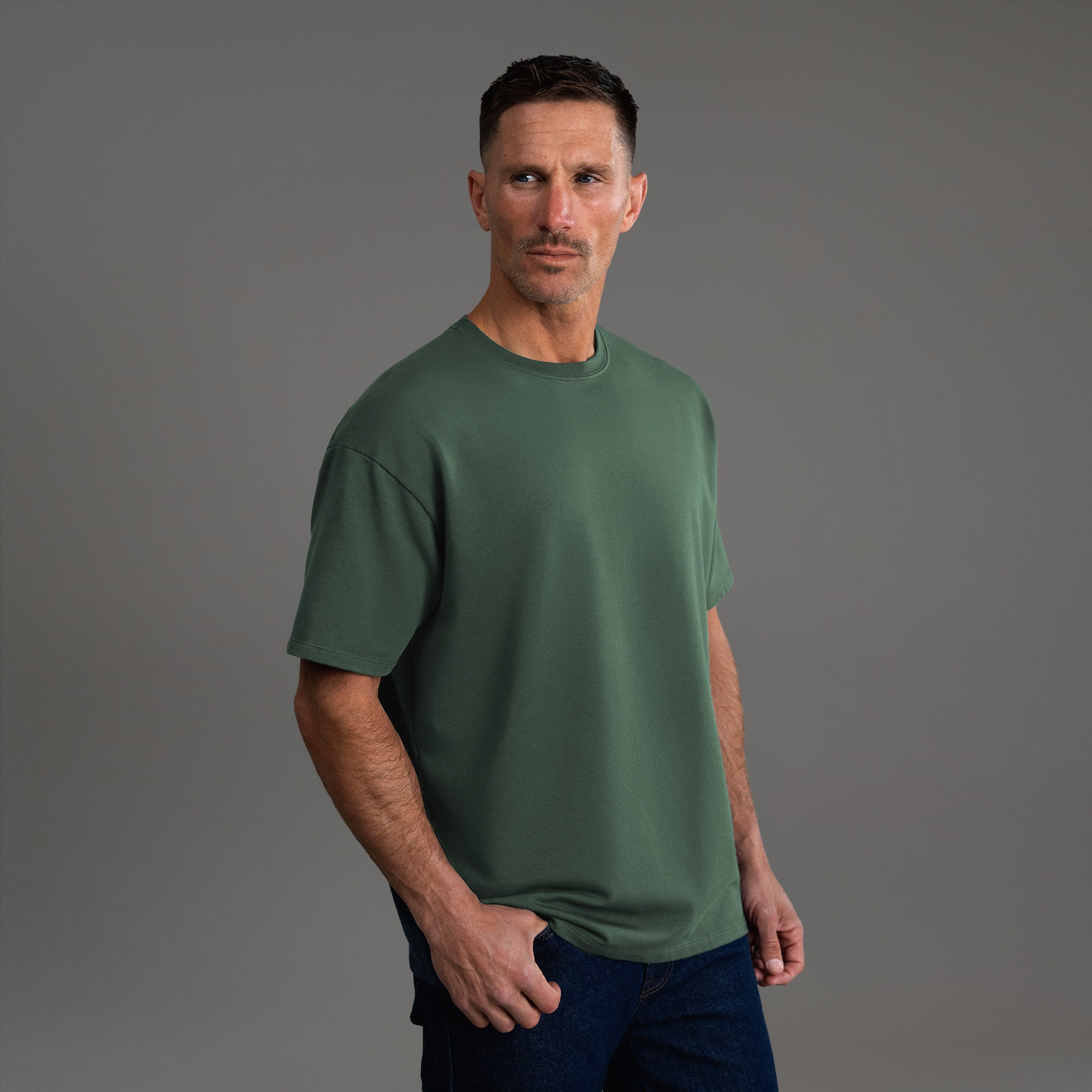 Tags:(6'0" - 180 lbs) custom t-shirt tee model Tyler in Moss