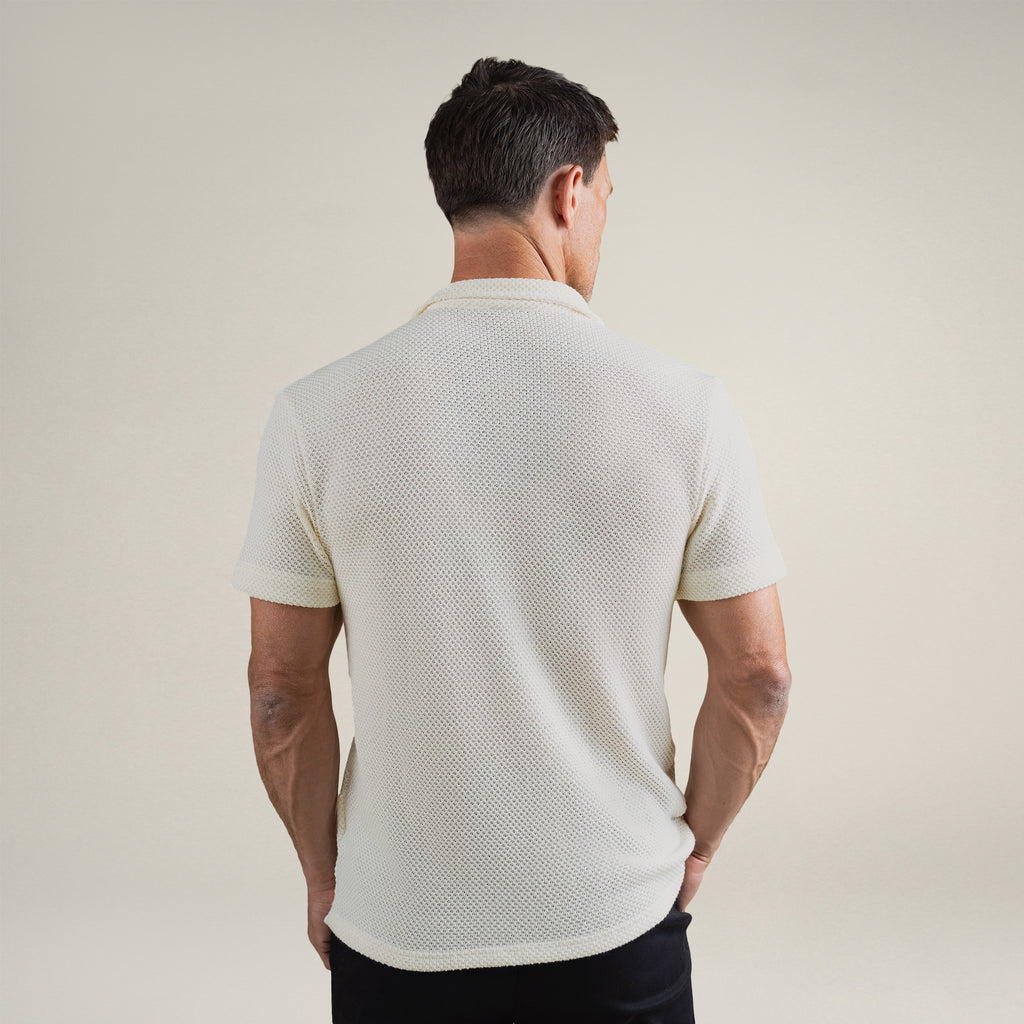 Tags:(6'0" - 180 lbs|Medium) Custom Knit Camp Shirt model Tyler in Cream
