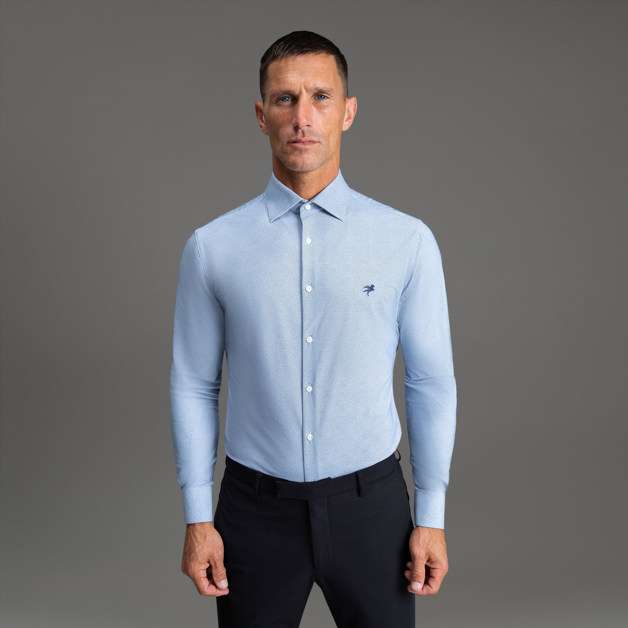 Custom Bespoke Tailored Spread Shirt model Tyler in Light Blue Emblem