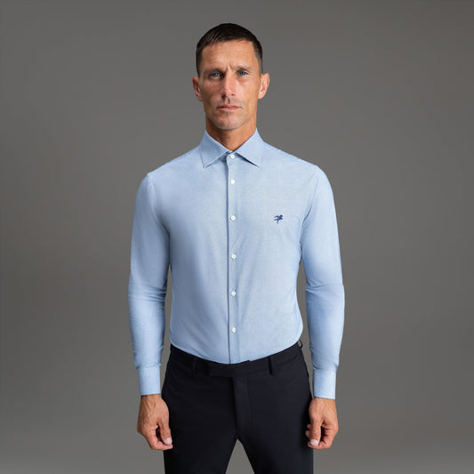 Custom Bespoke Tailored Spread Shirt model Tyler in Light Blue Emblem