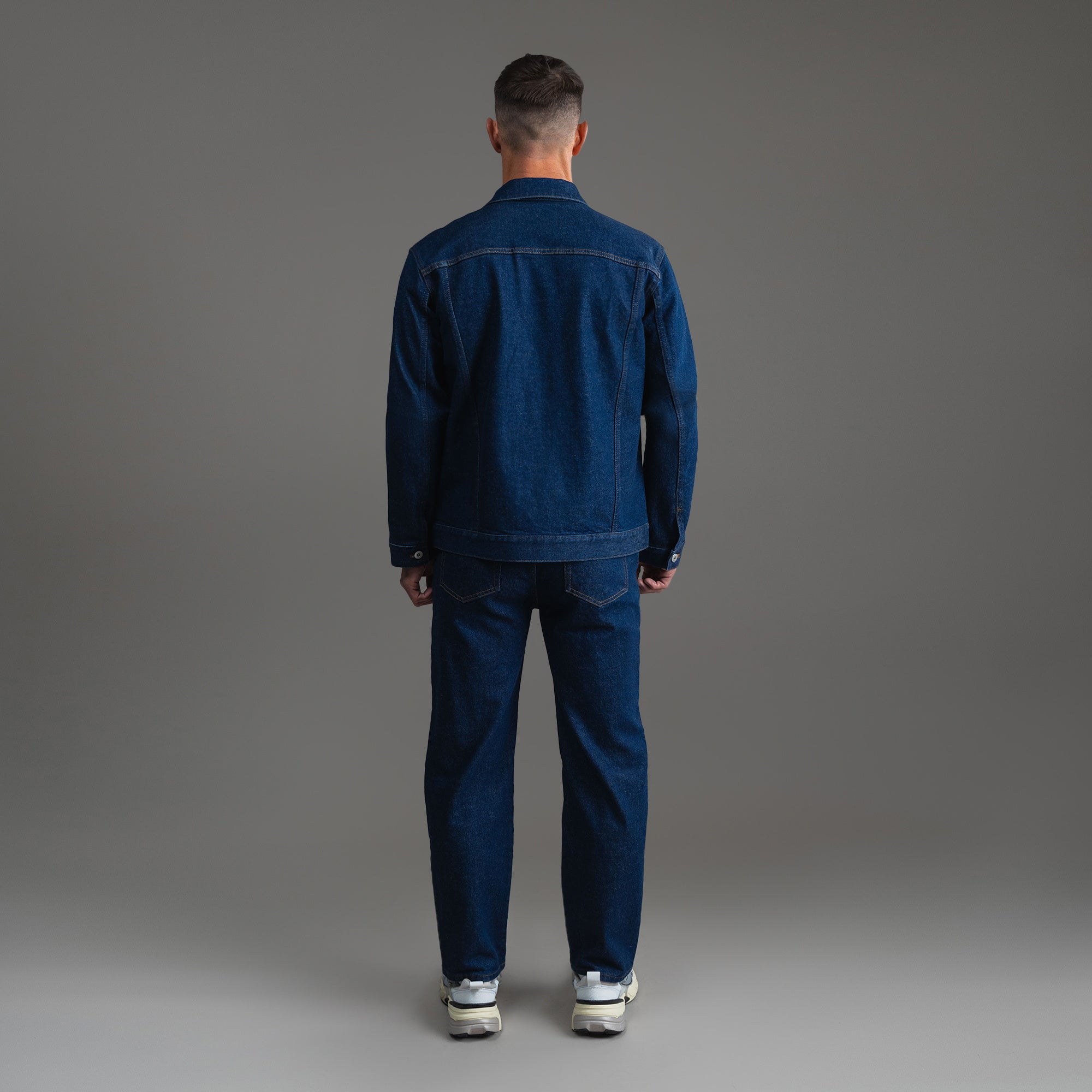 Tags:(6'0" - 180 lbs|Relaxed) men's custom denim jacket model Tyler in Deep Indigo