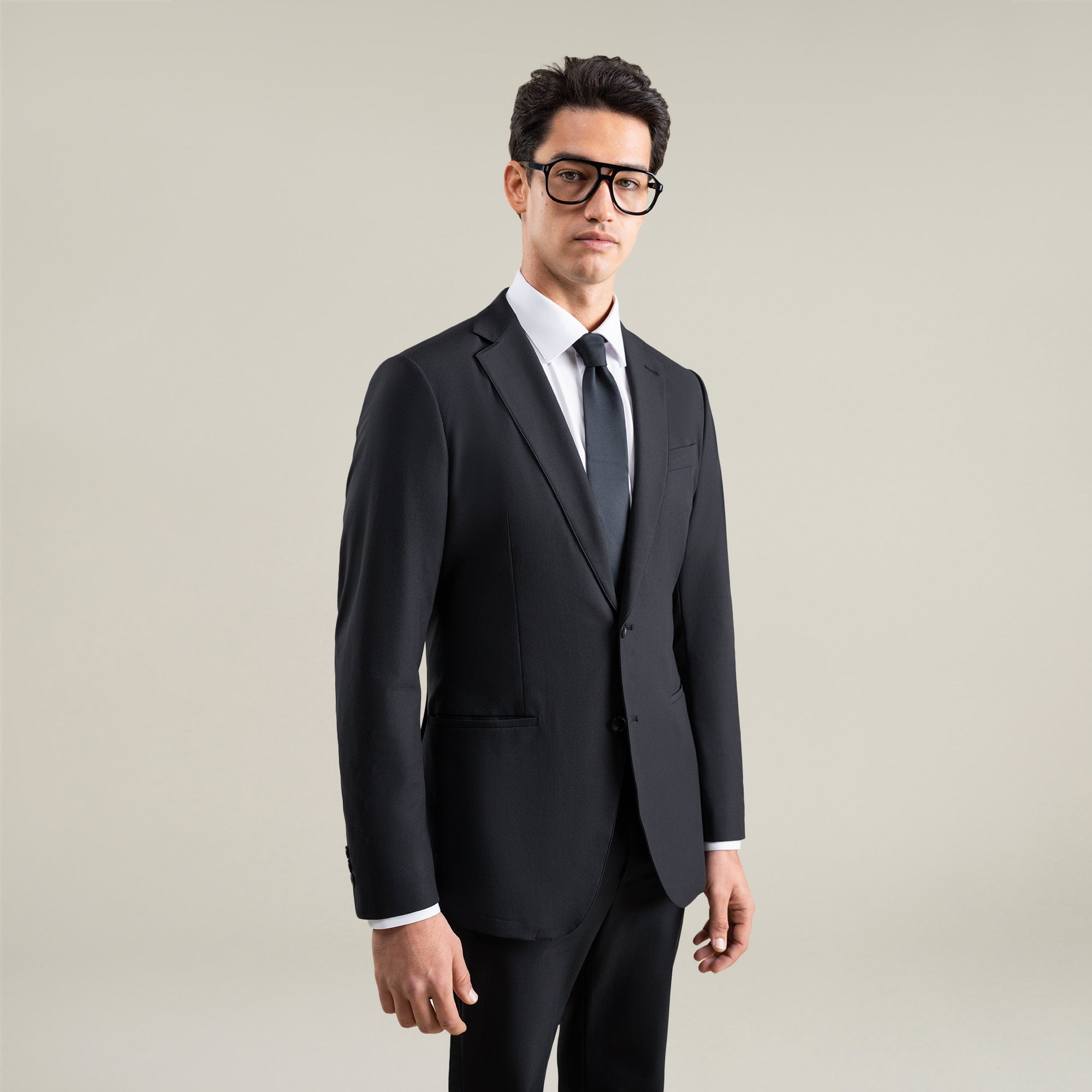 Tags:(6'1"|165) Bespoke custom athleisure technical athletic stretch suit los angeles model Jessey in Black