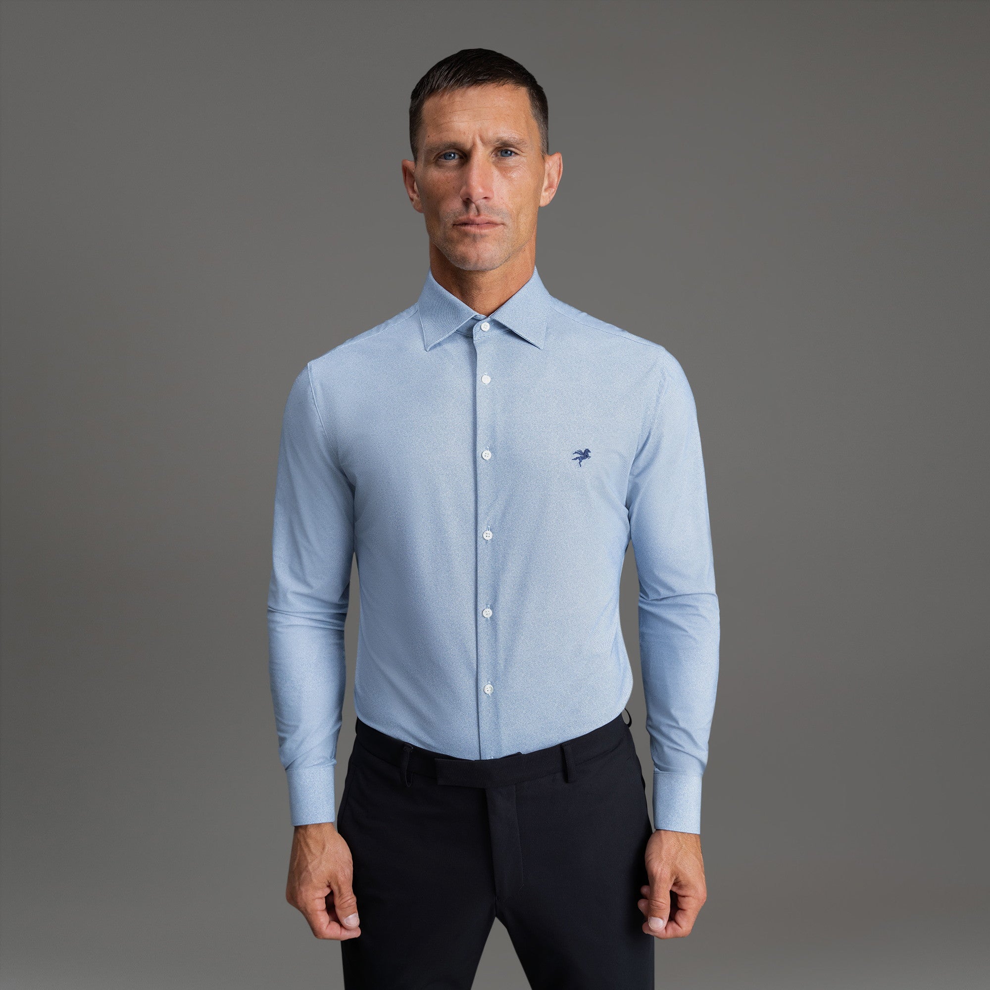 Custom Bespoke Tailored Spread Shirt model Tyler in Light Blue Emblem