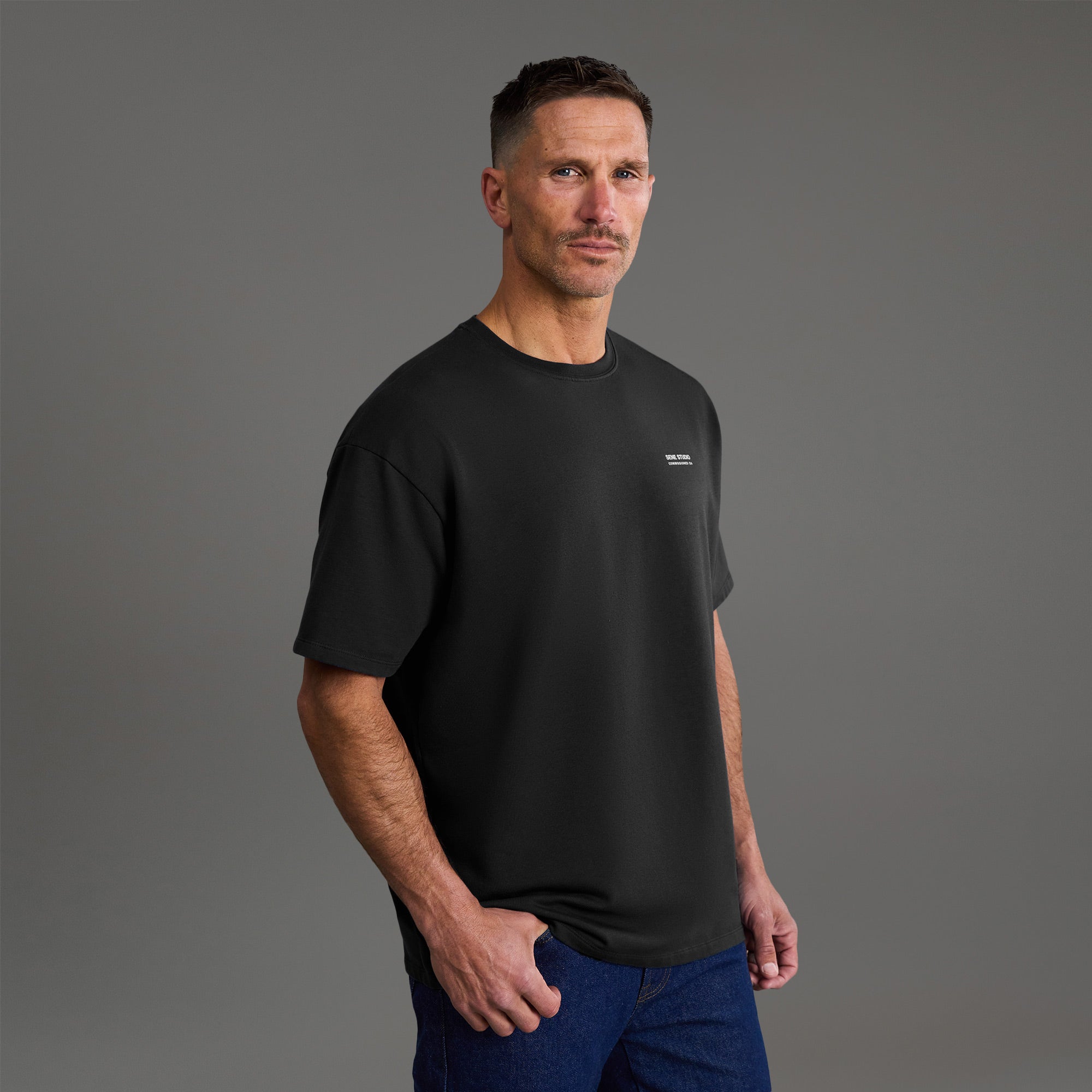 Tags:(6'0" - 180 lbs) custom t-shirt tee model Tyler in Black