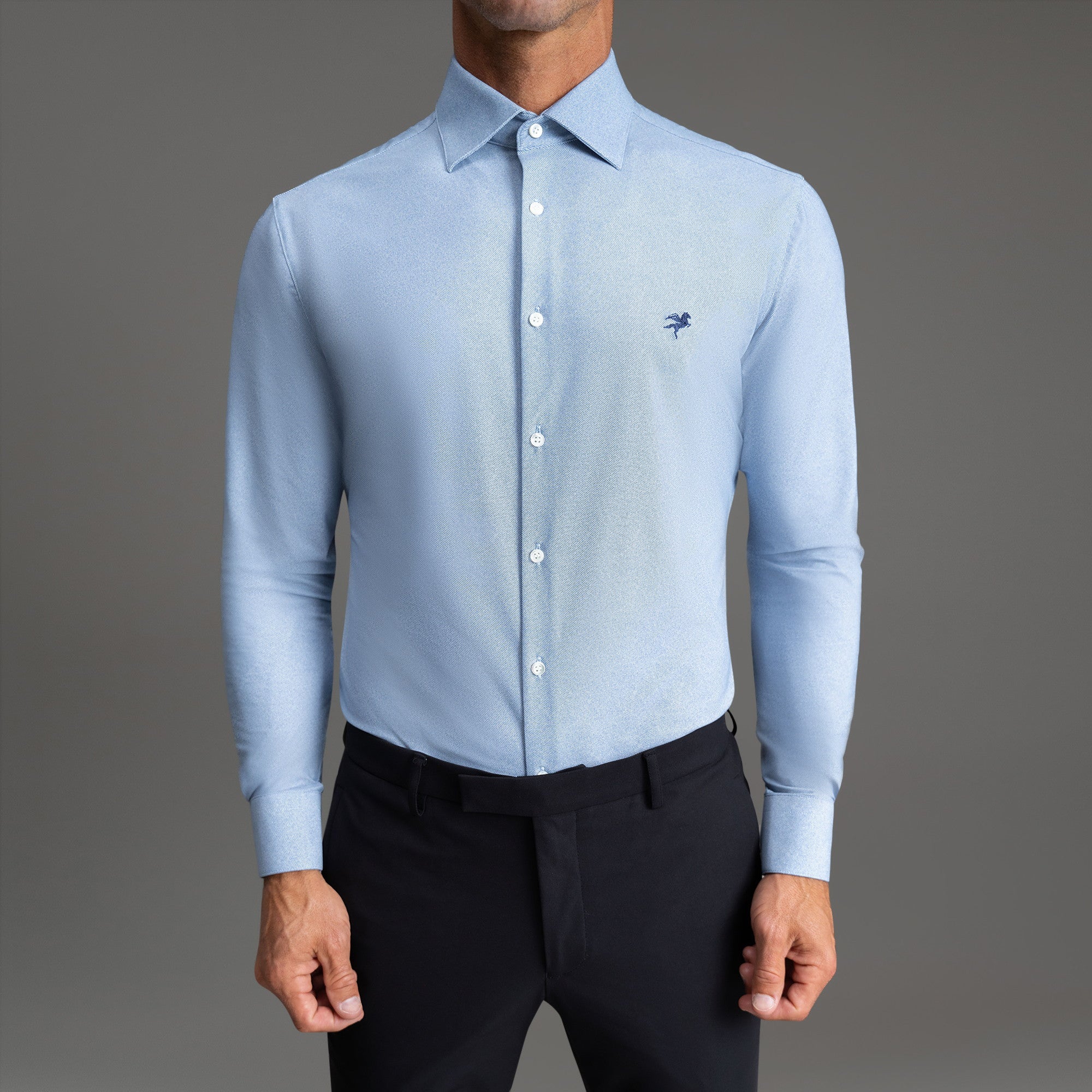 Custom Bespoke Tailored Spread Shirt model Tyler in Light Blue Emblem