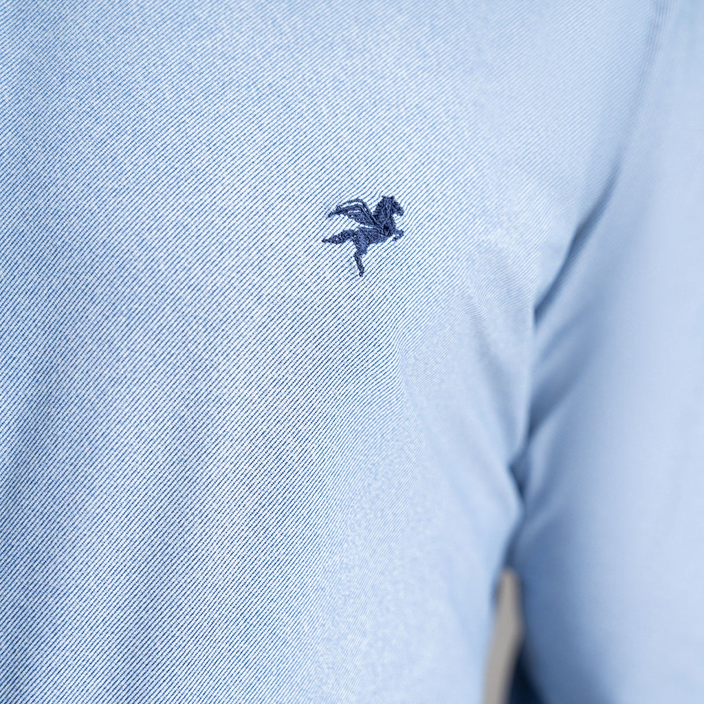 Custom Bespoke Tailored Spread Shirt model Tyler in Light Blue Emblem