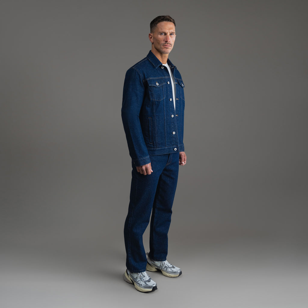 Tags:(6'0" - 180 lbs|Relaxed) men's custom denim jacket model Tyler in Deep Indigo