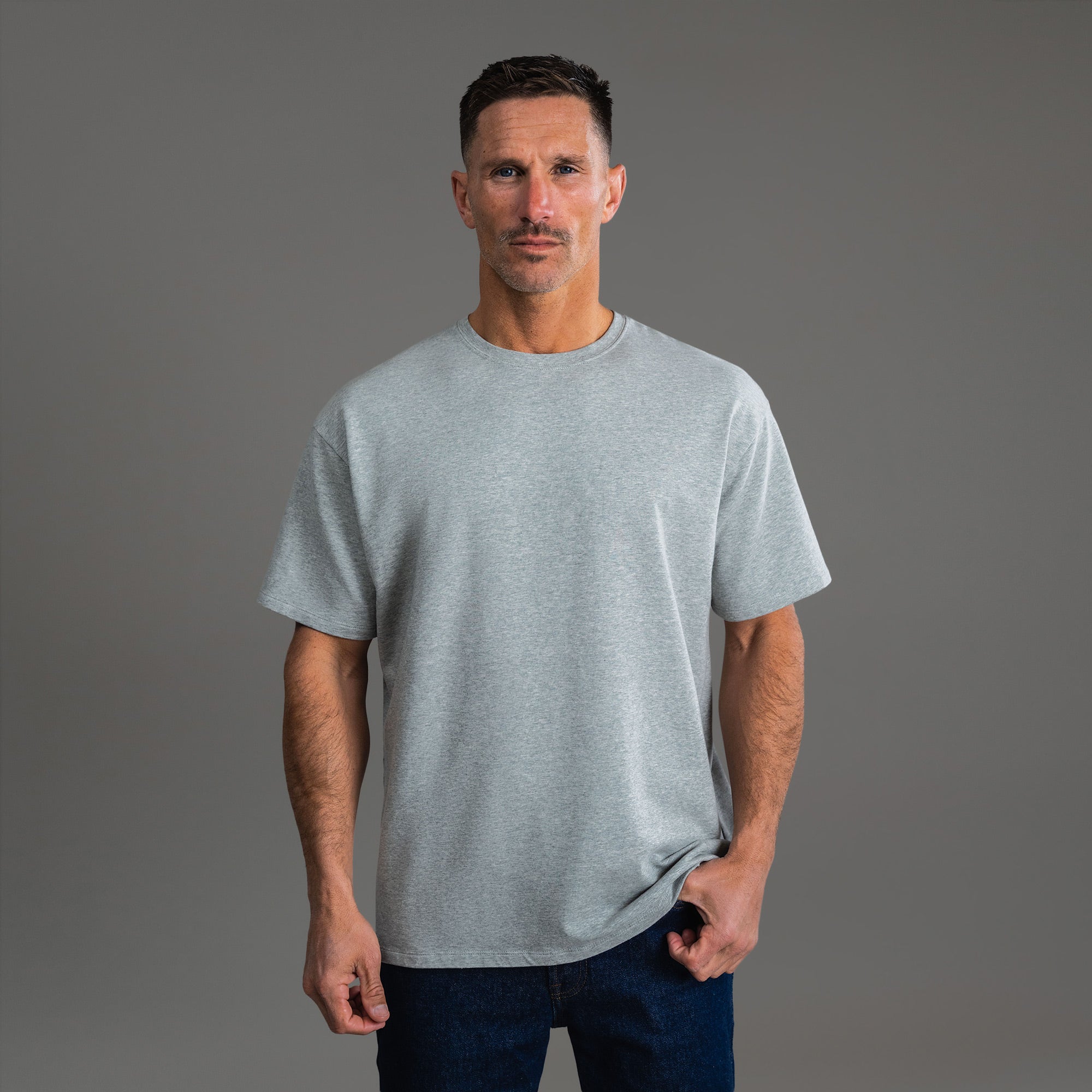 Tags:(6'0" - 180 lbs) custom t-shirt tee model Tyler in Heather Gray