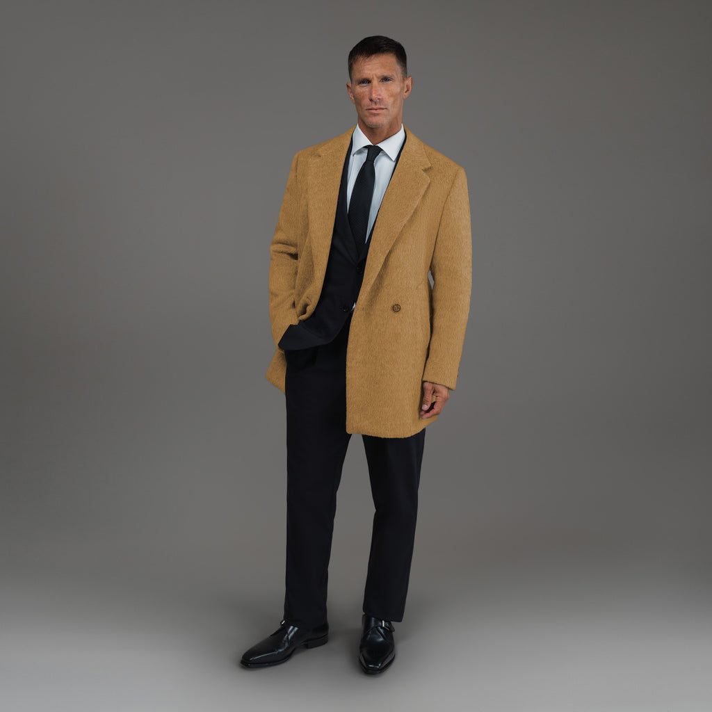 Tags:(6'0"|180 lbs) Bespoke custom linen men's suit los angeles model Tyler in  Camel