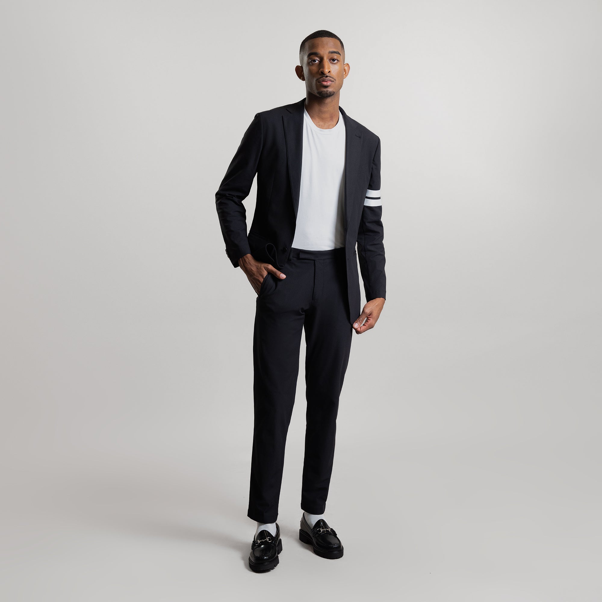 Tags:(6'3"|160 lbs) Bespoke custom athleisure technical men's suit los angeles model Ky in Enso Black