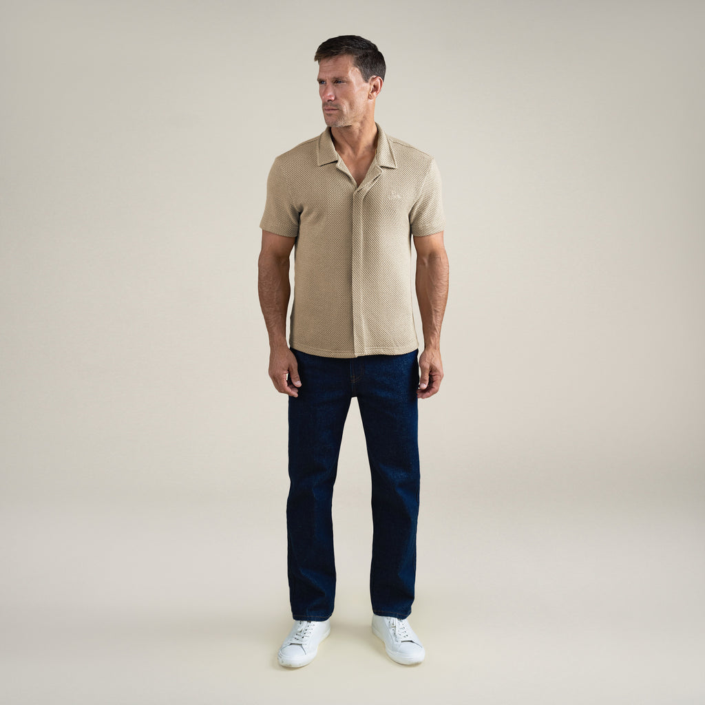 Tags:(6'0" - 180 lbs|Medium) Custom Knit Camp Shirt model Tyler in Khaki