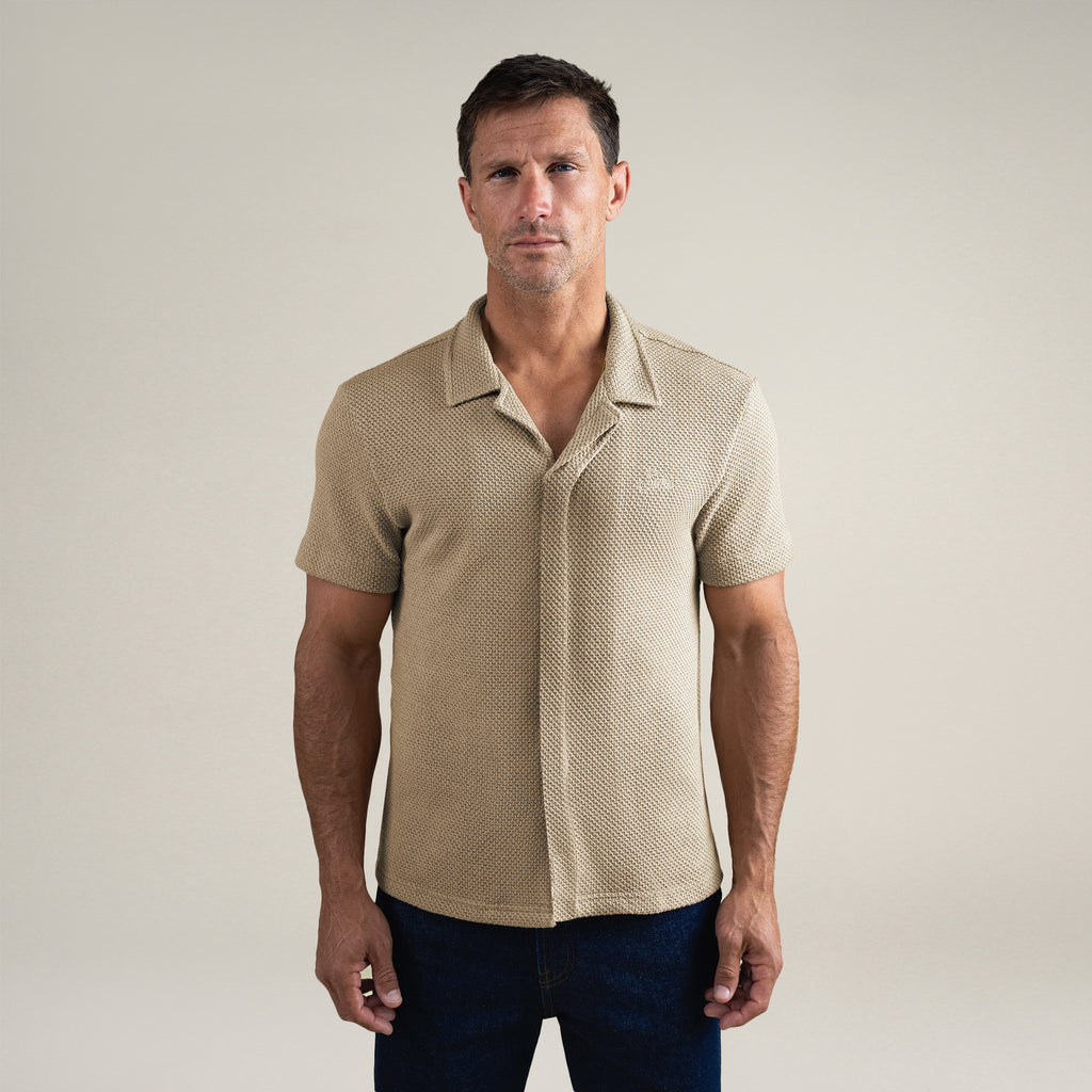 Tags:(6'0" - 180 lbs|Medium) Custom Knit Camp Shirt model Tyler in Khaki