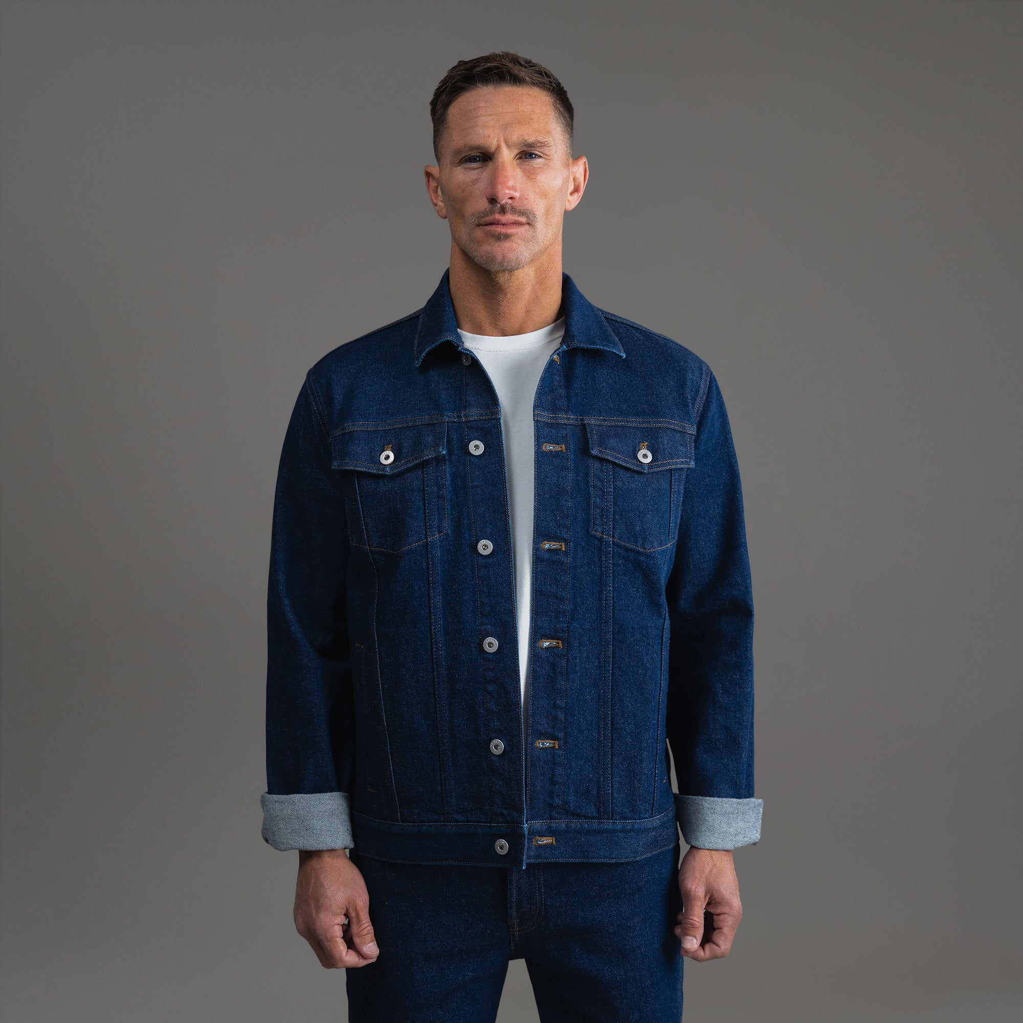 Tags:(6'0" - 180 lbs|Relaxed) men's custom denim jacket model Tyler in Deep Indigo