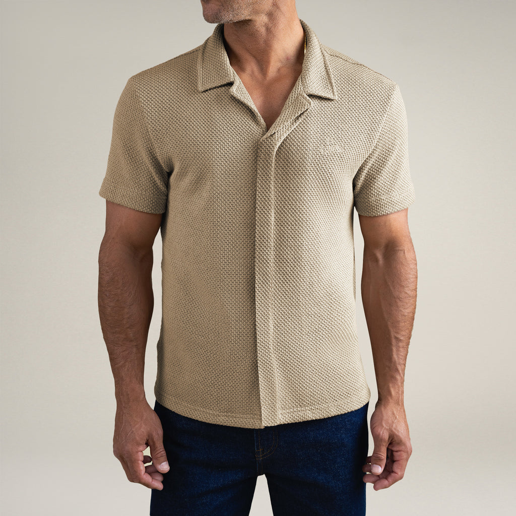 Tags:(6'0" - 180 lbs|Medium) Custom Knit Camp Shirt model Tyler in Khaki