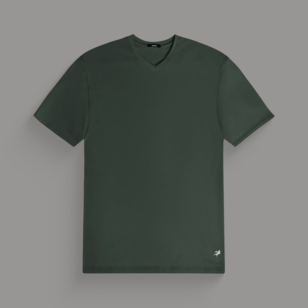 Cumulus v-neck t-shirt on a beige background model Tyler in Best-Seller