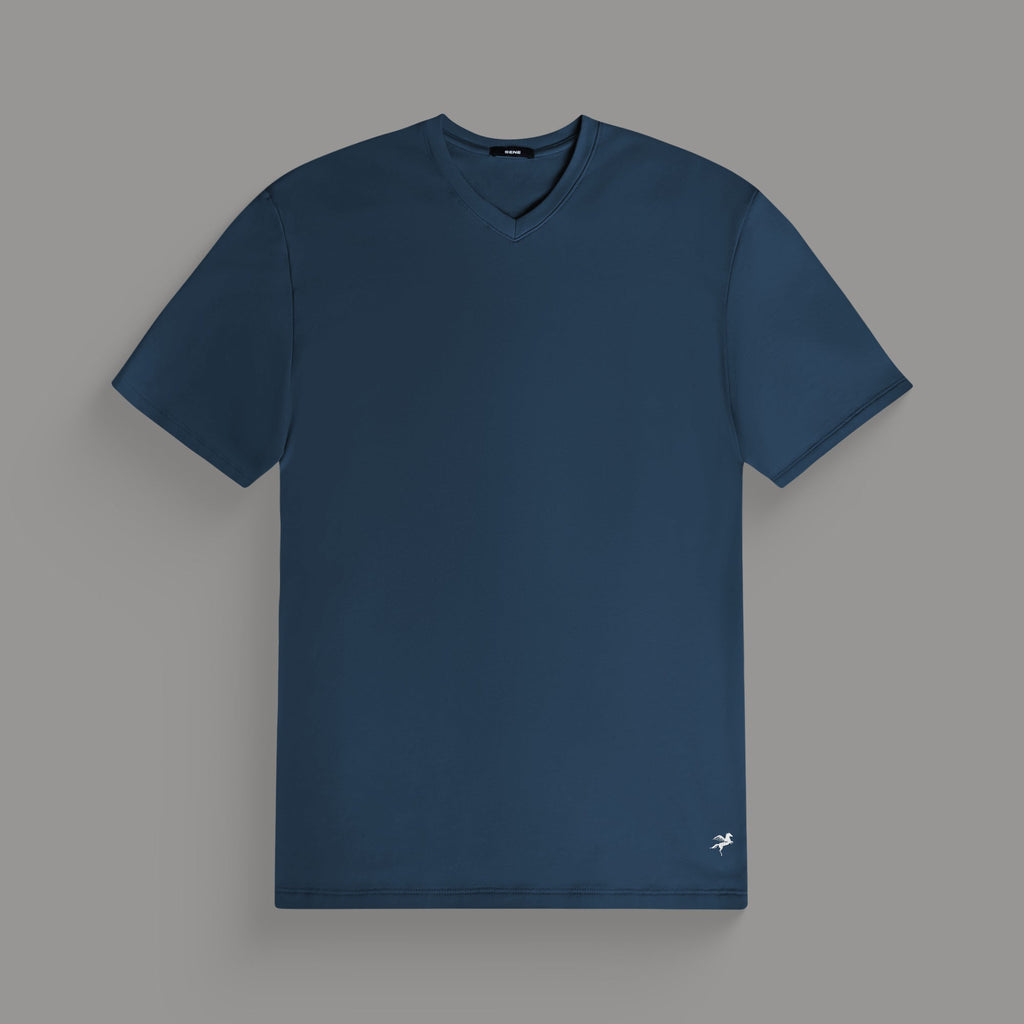 Cumulus v-neck t-shirt on a beige background model Tyler in Best-Seller