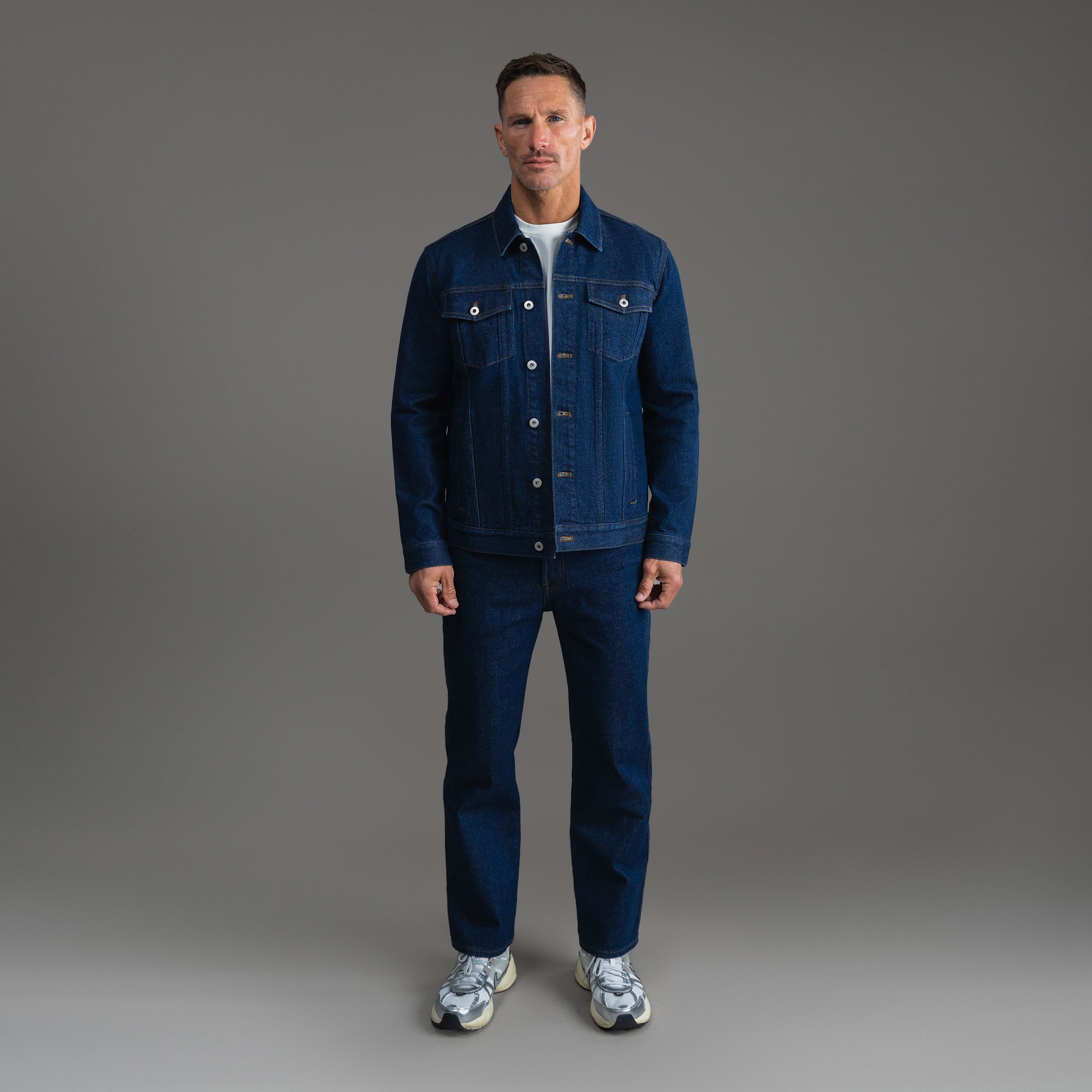 Tags:(6'0" - 180 lbs|Tailored) men's custom denim jacket model Tyler in Deep Indigo