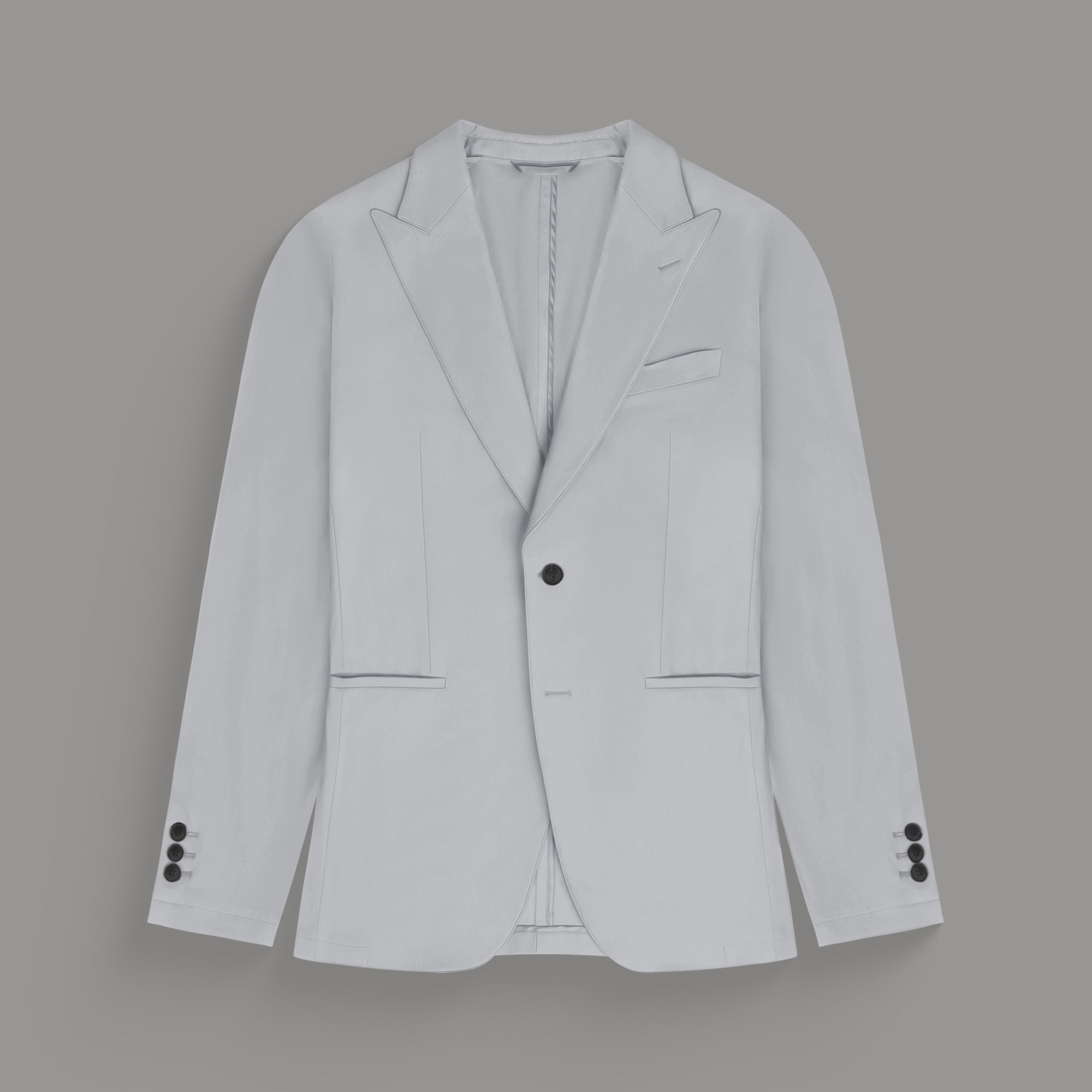 Custom Peak Lapel Tuxedo model Tyler in Silver