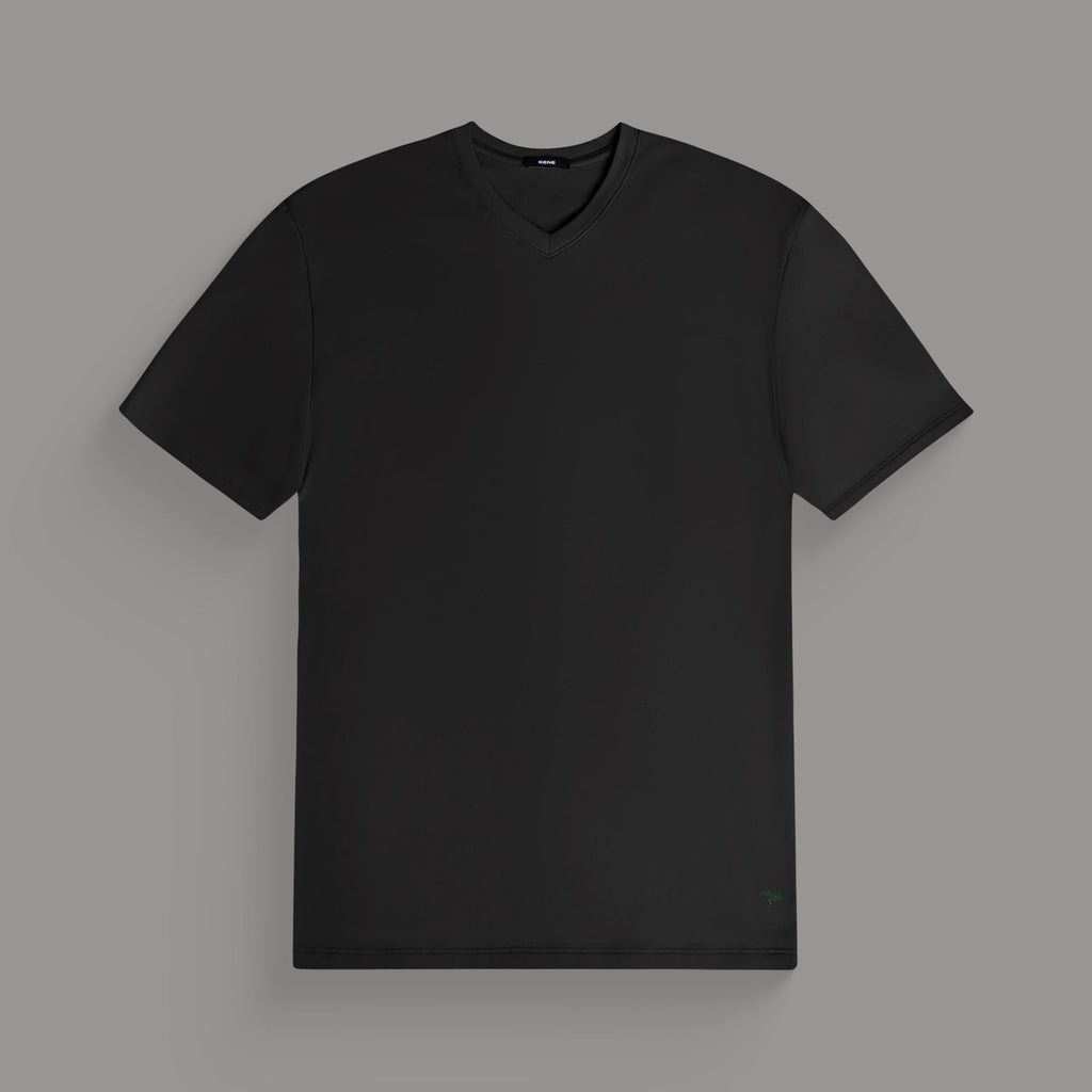 Cumulus v-neck t-shirt on a beige background model Tyler in Shade