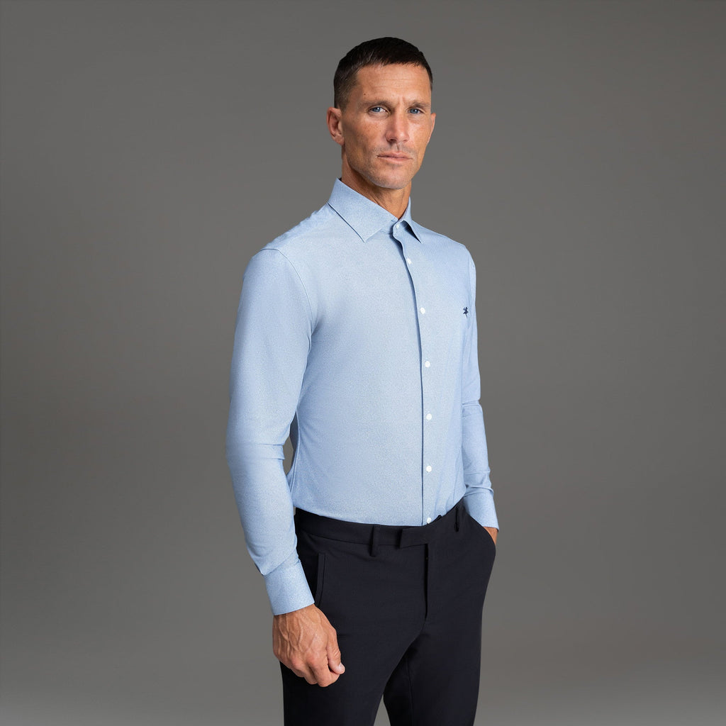Custom Bespoke Tailored Spread Shirt model Tyler in Light Blue Emblem