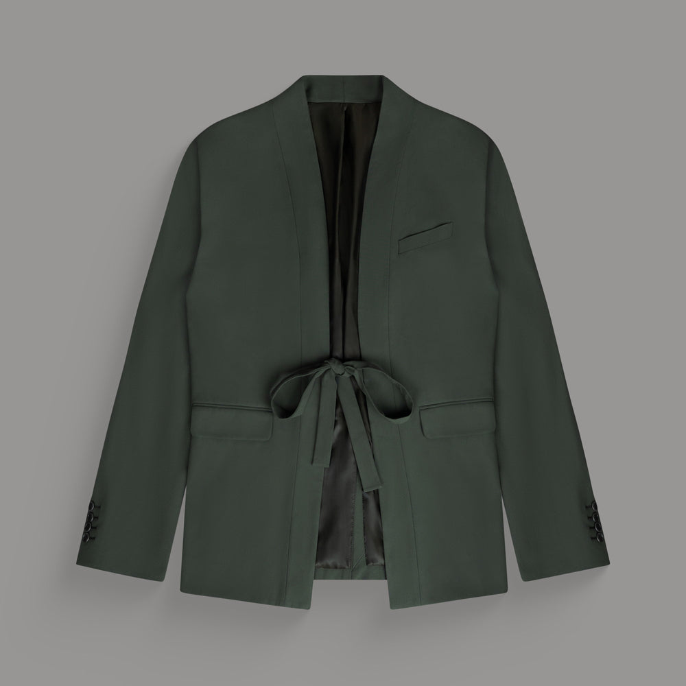 Dark green open-front blazer with a tie closure on a gray background.