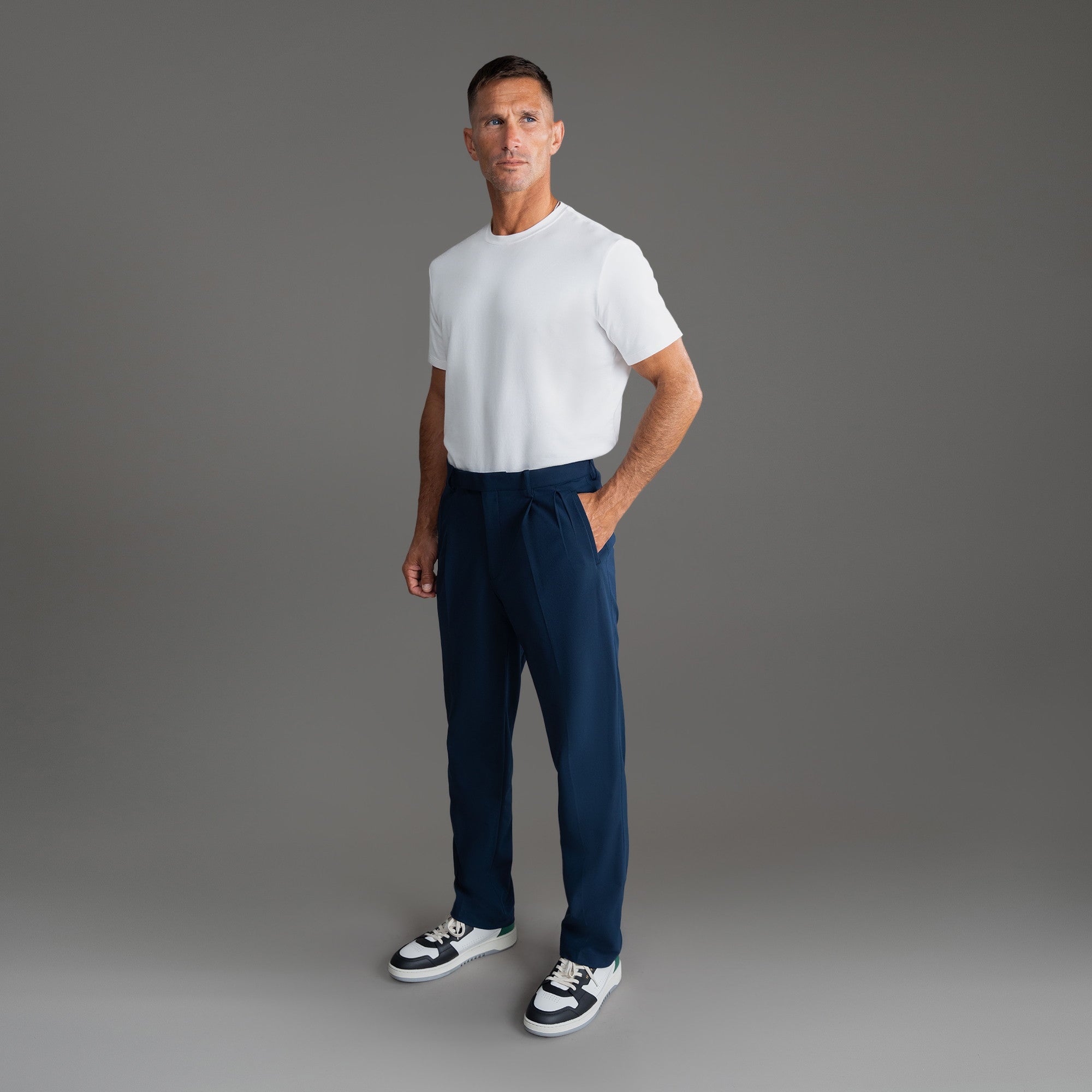 bespoke custom trousers pant chino performance technical model Tyler in Nautical Blue