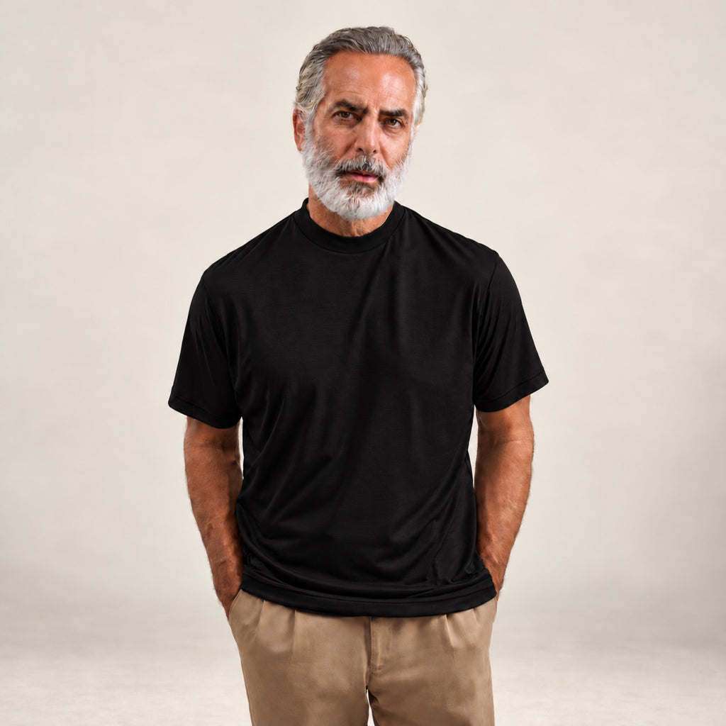 Pima Reserve Mock Neck T-Shirt model Guillermo in Black
